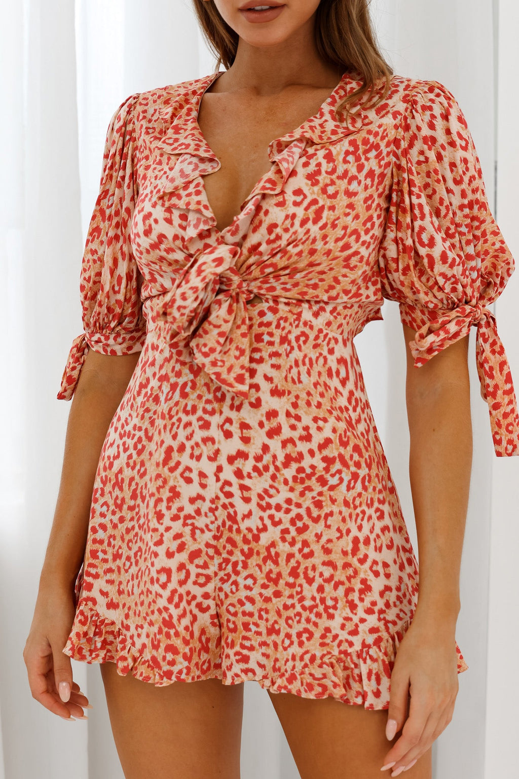 Francine Short Sleeve Tied Bust Romper Leopard Print Orange by Selfie Leslie