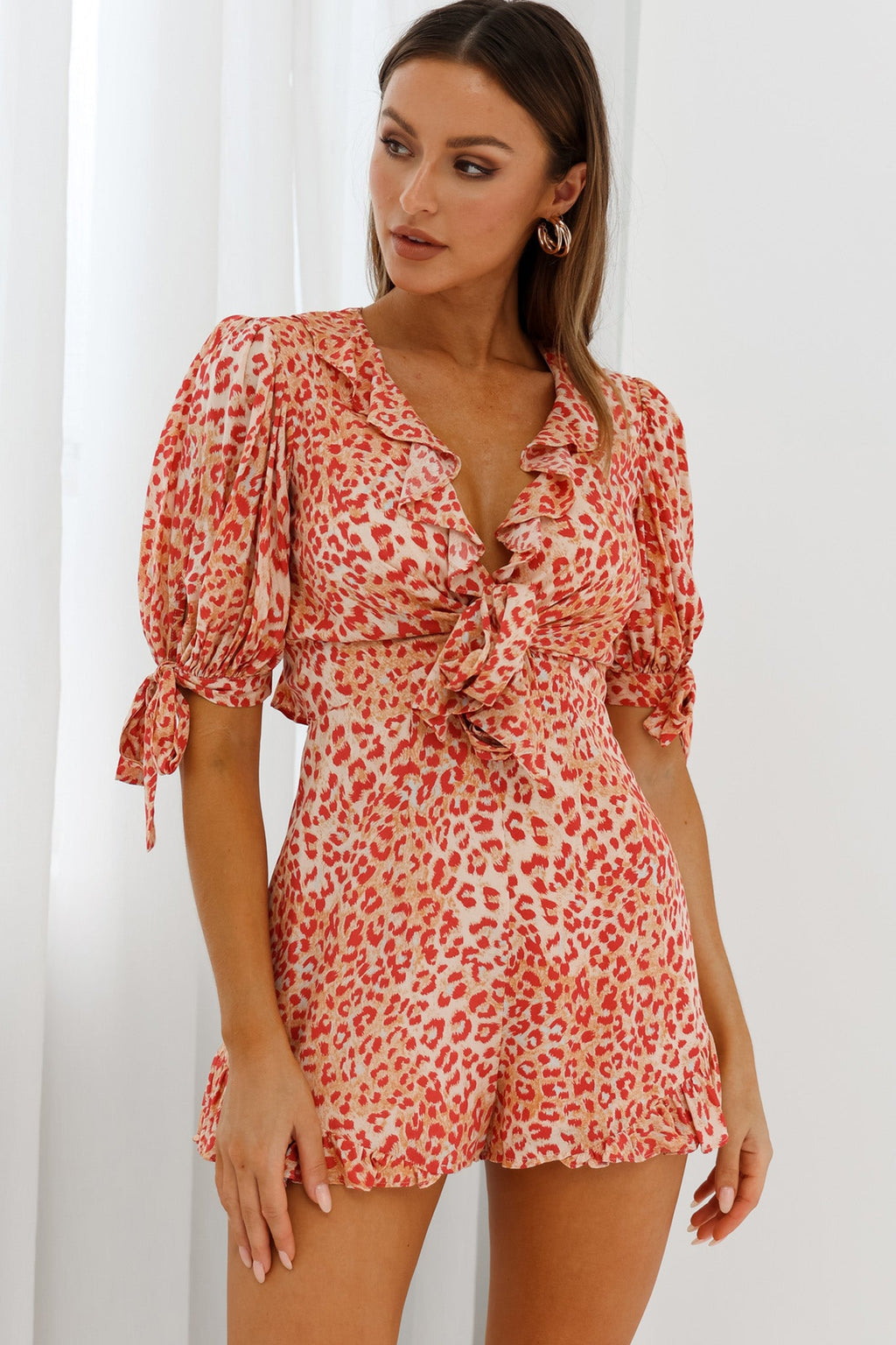 Francine Short Sleeve Tied Bust Romper Leopard Print Orange by Selfie Leslie