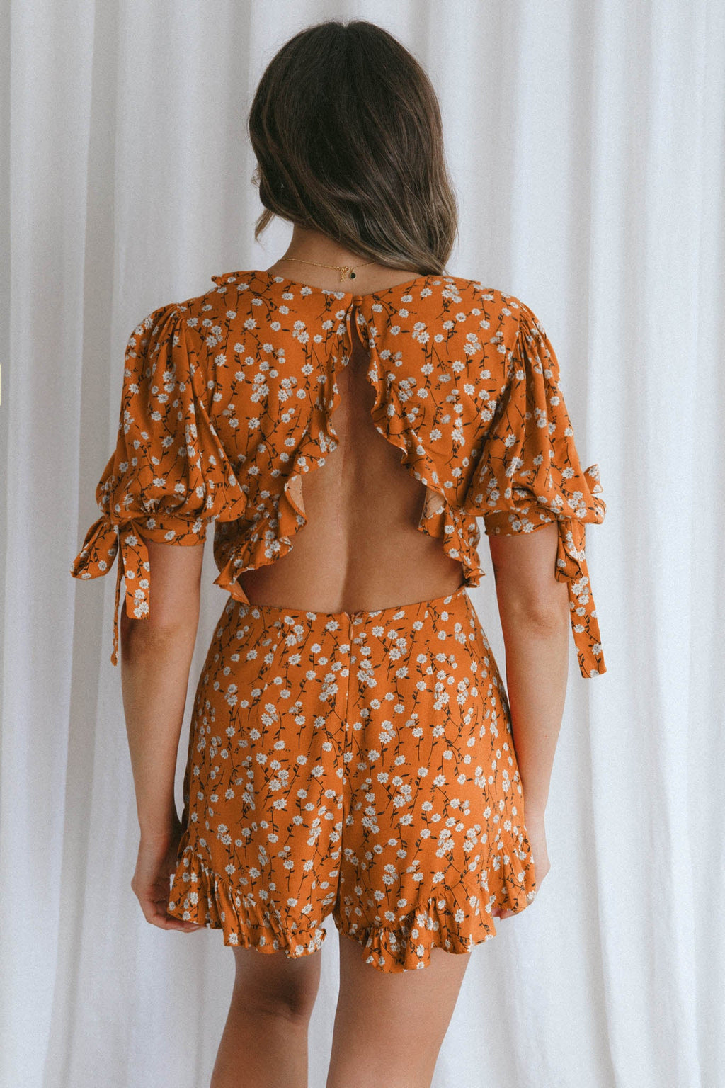 Francine Short Sleeve Tied Bust Romper Floral Orange by Selfie Leslie
