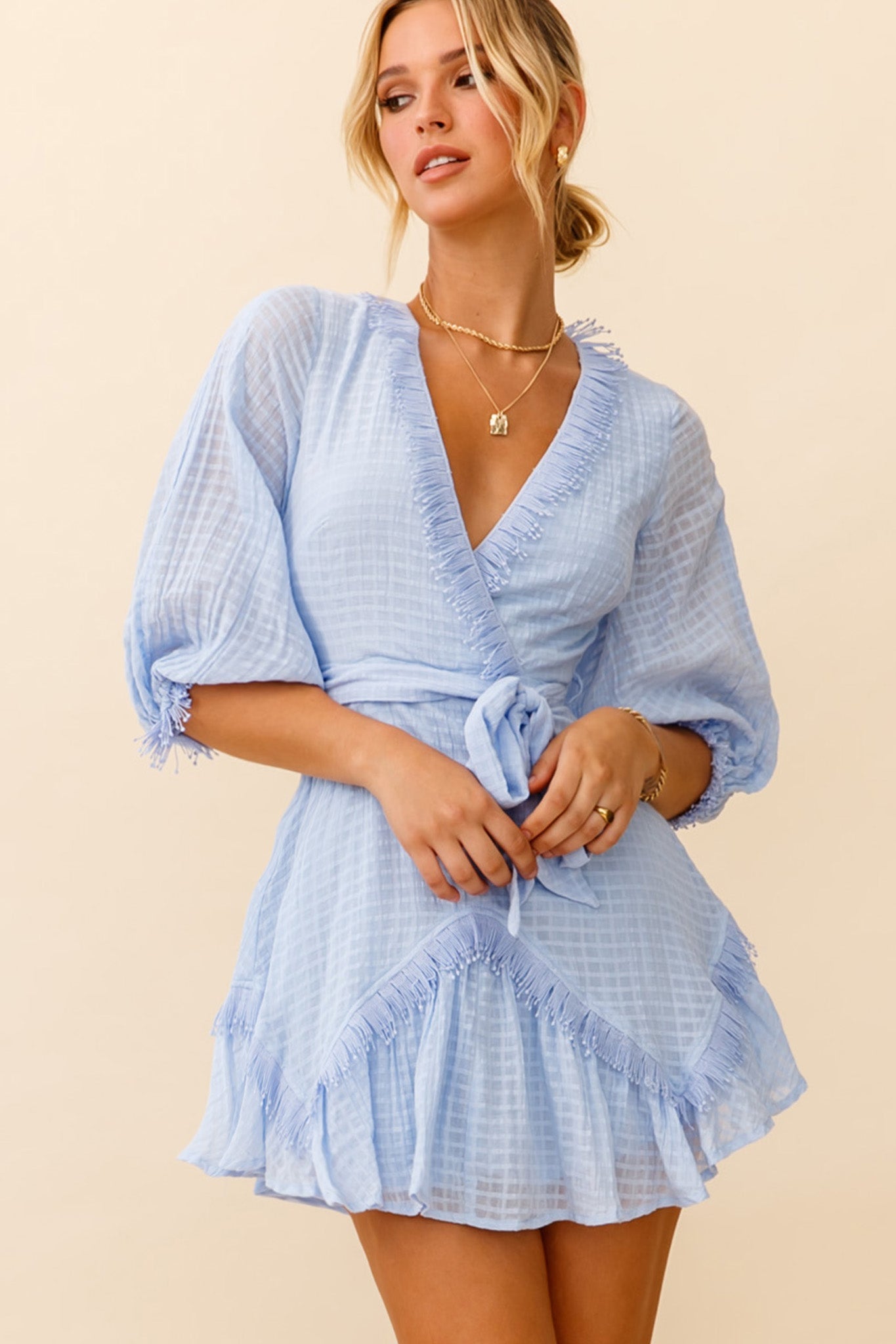 Flyin' Solo Fringe Trim Waist Tie Dress Steel Blue by Selfie Leslie