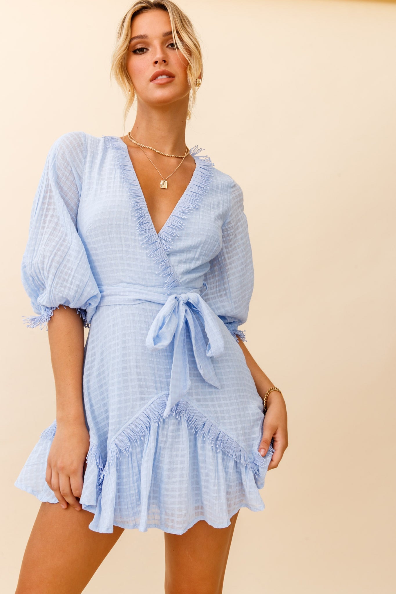 Flyin' Solo Fringe Trim Waist Tie Dress Steel Blue by Selfie Leslie