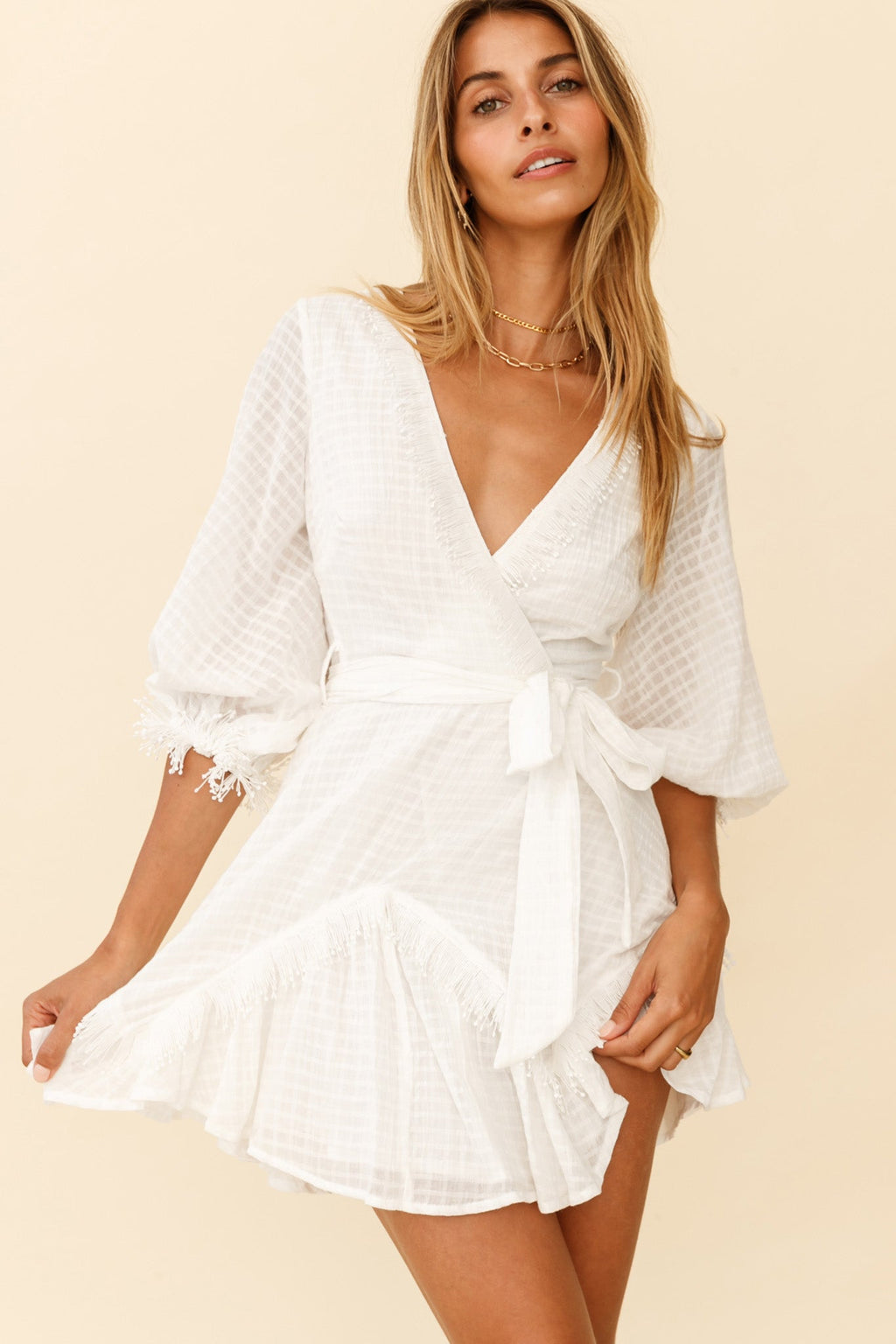 Flyin' Solo Fringe Trim Waist Tie Dress White by Selfie Leslie
