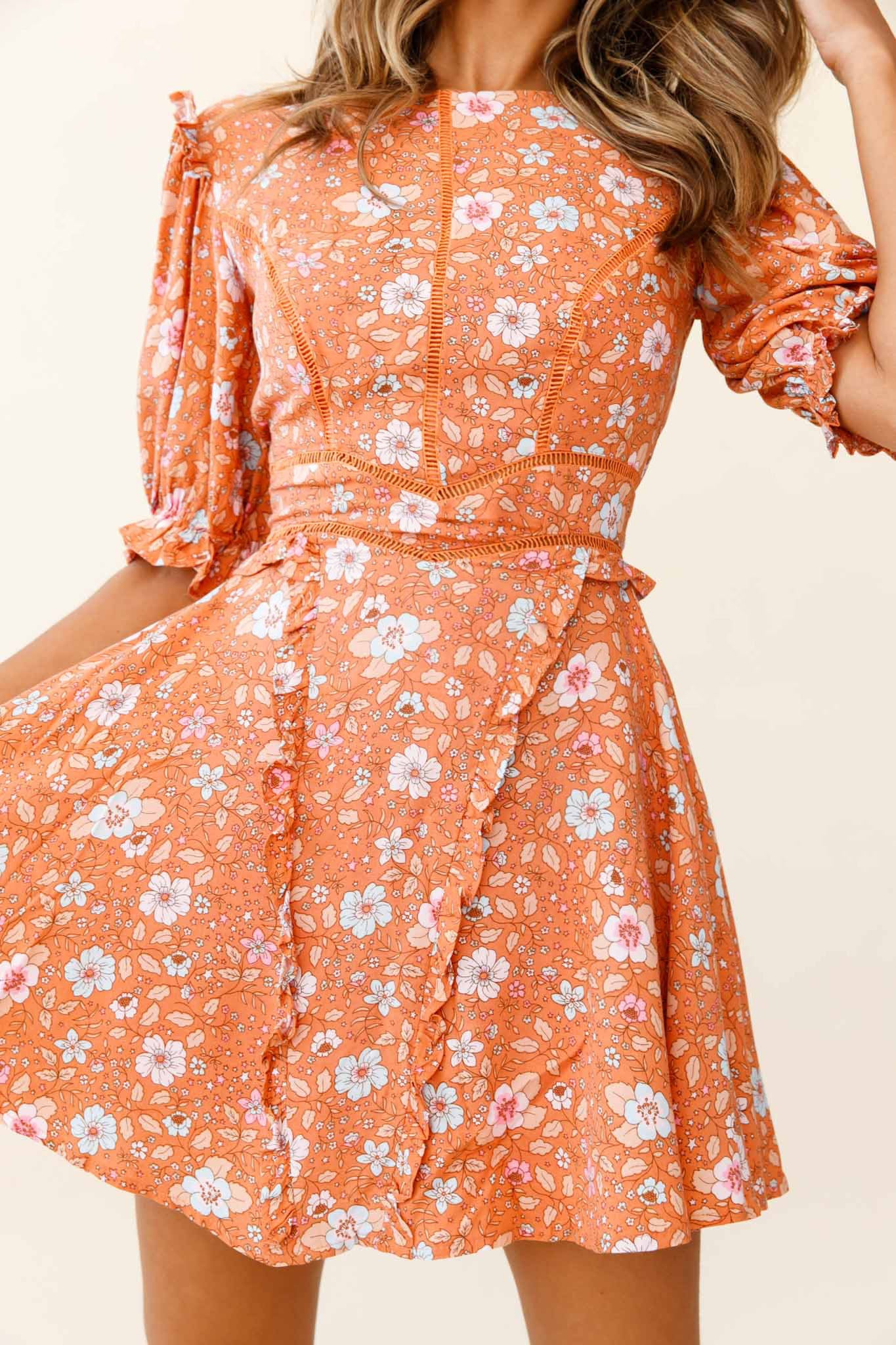 First Impressions Puff Sleeve Keyhole Back Dress Floral Print Orange/Pink by Selfie Leslie
