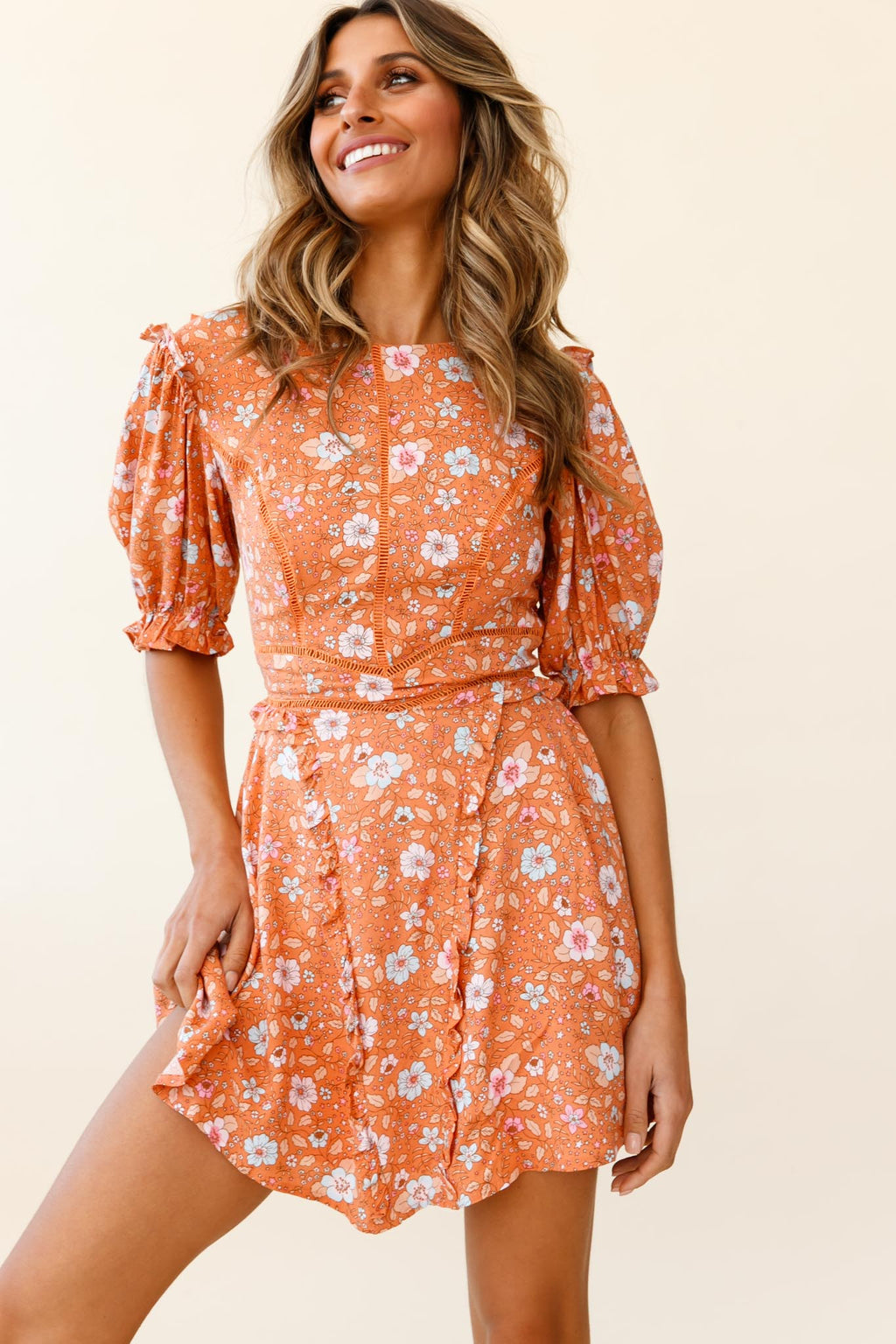 First Impressions Puff Sleeve Keyhole Back Dress Floral Print Orange/Pink by Selfie Leslie