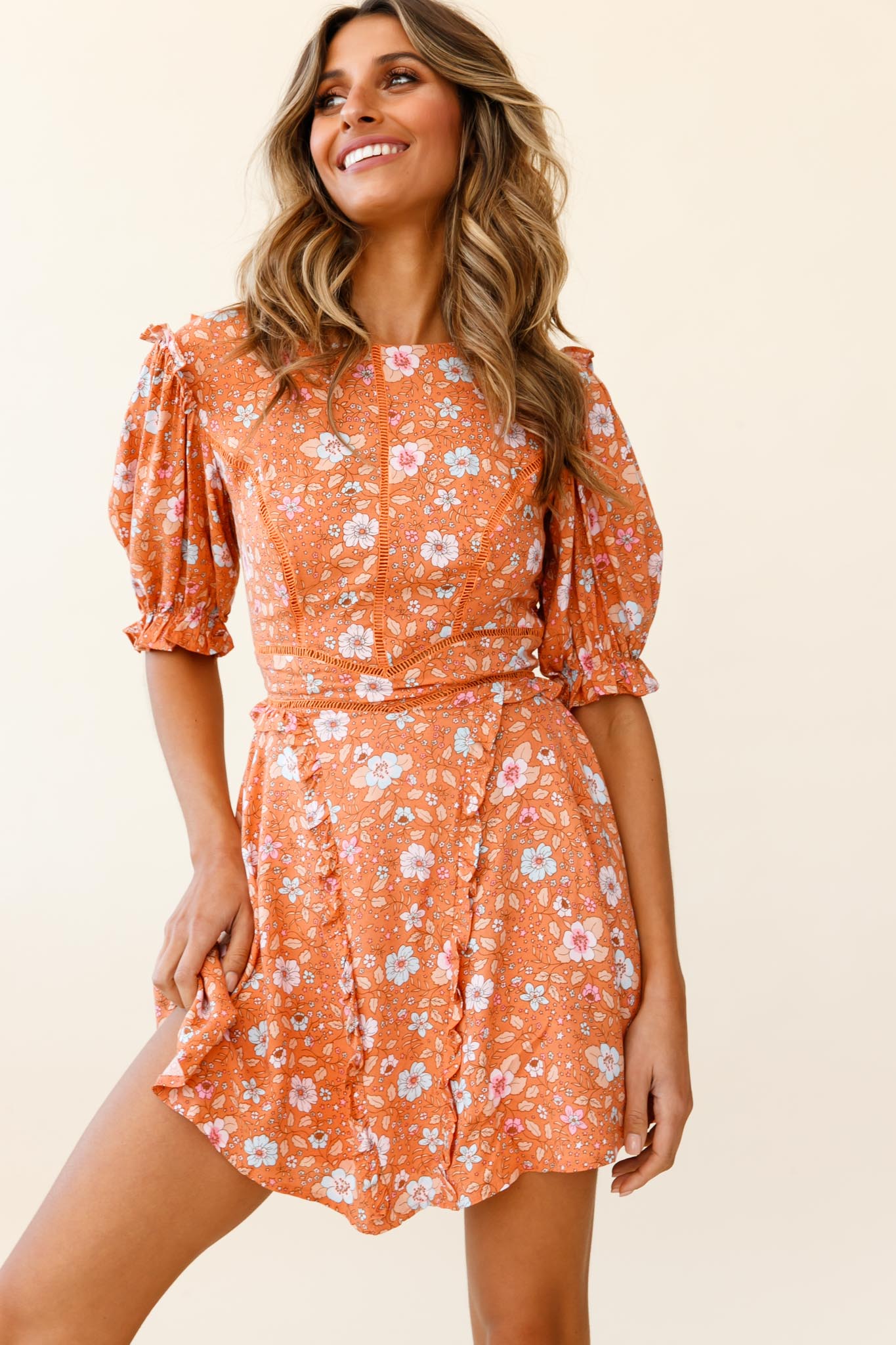 First Impressions Puff Sleeve Keyhole Back Dress Floral Print Orange/Pink by Selfie Leslie
