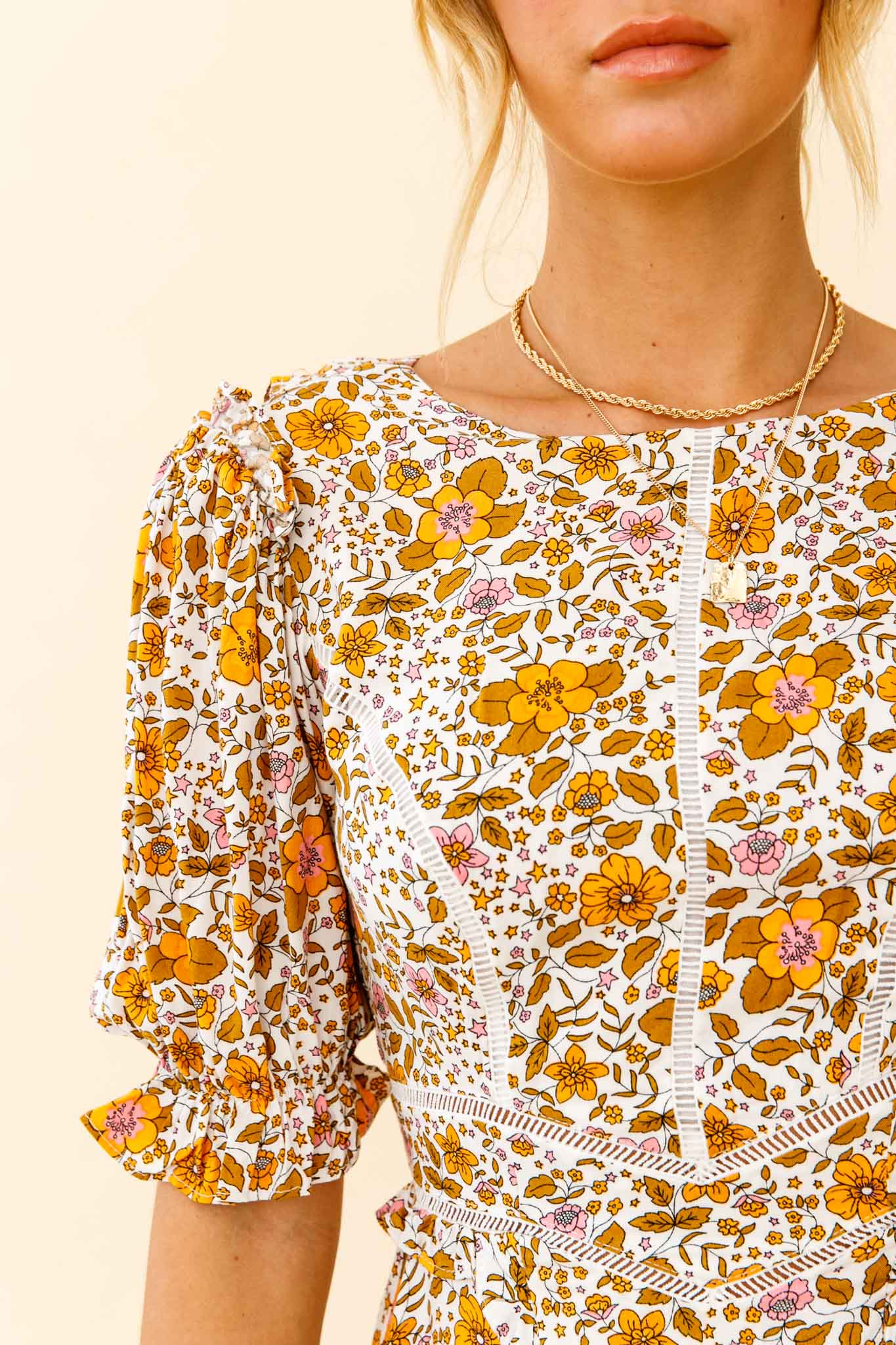 First Impressions Puff Sleeve Keyhole Back Dress Floral Print White/Yellow by Selfie Leslie