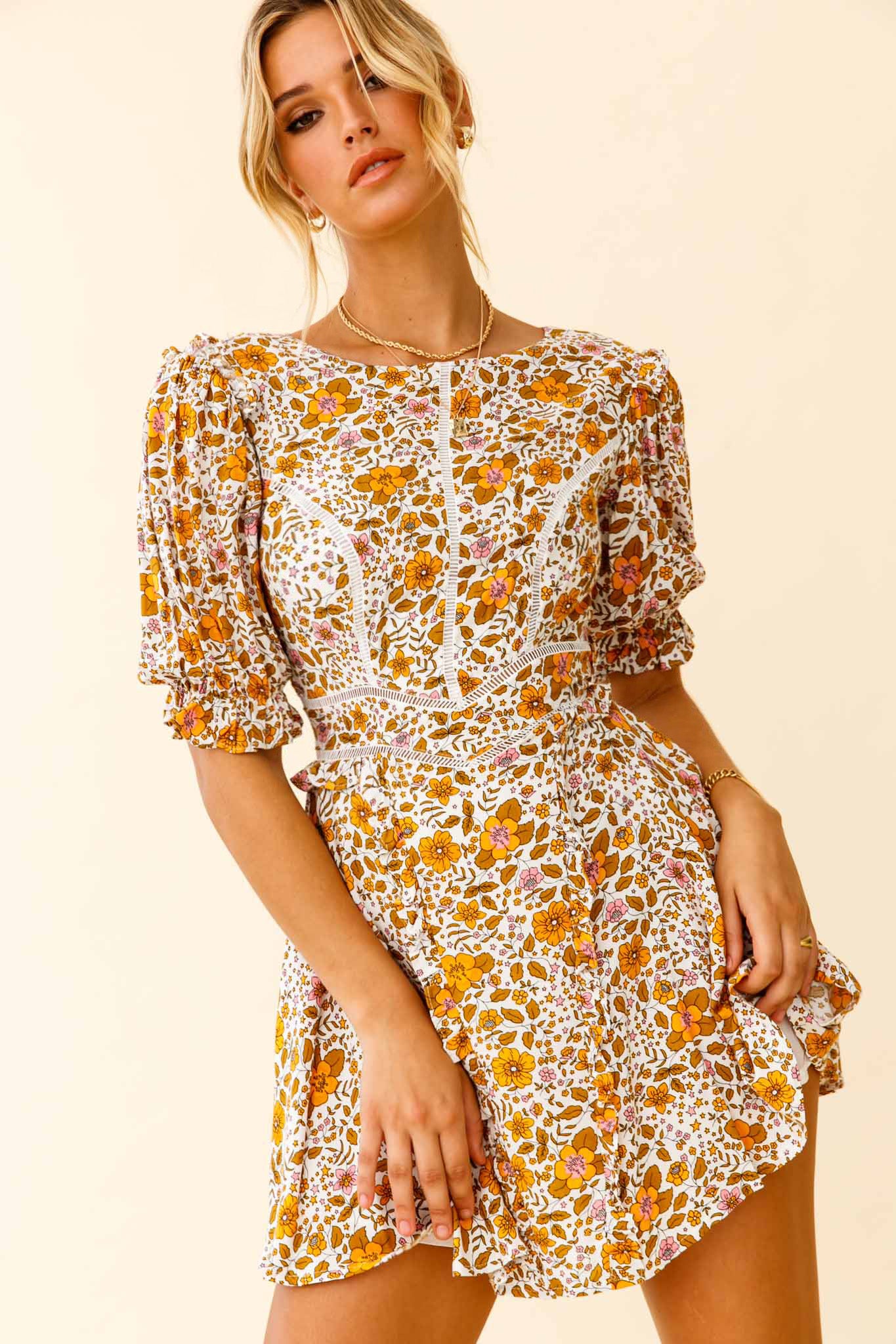 First Impressions Puff Sleeve Keyhole Back Dress Floral Print White/Yellow by Selfie Leslie