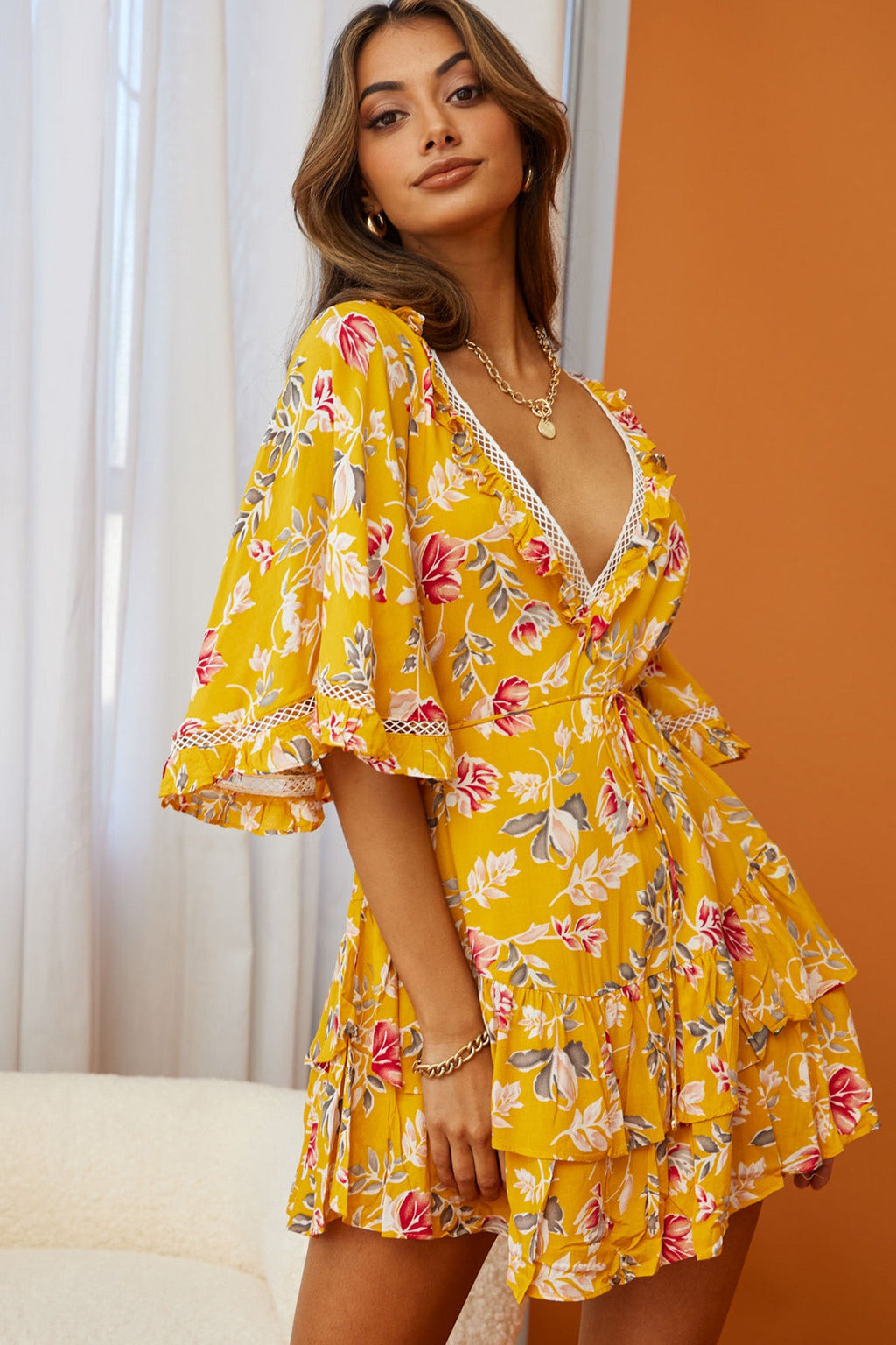 Lotus Crochet Trim Angel Sleeve Dress Floral Print Mustard by Selfie Leslie