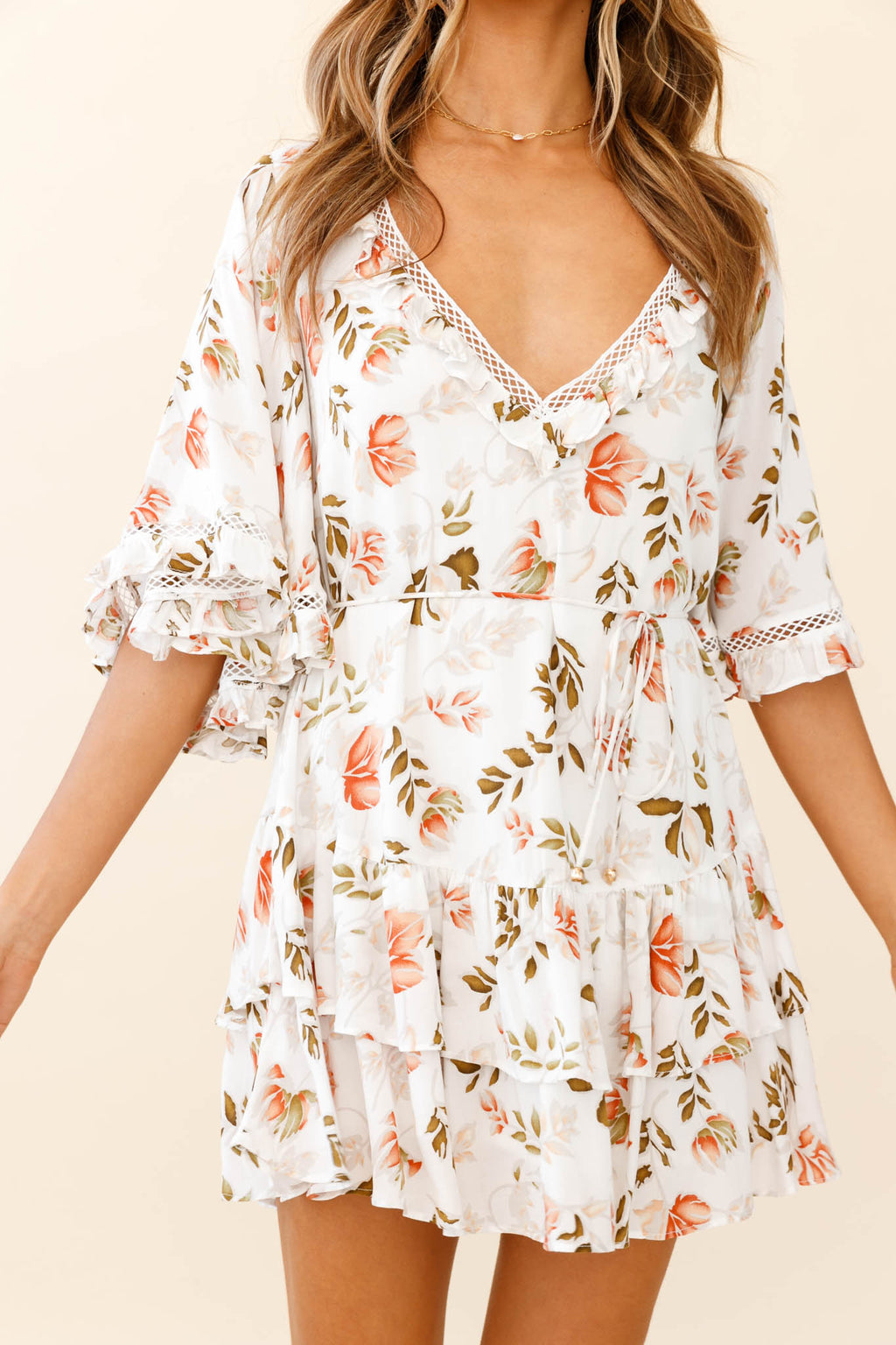 Lotus Crochet Trim Angel Sleeve Dress Floral Print White by Selfie Leslie
