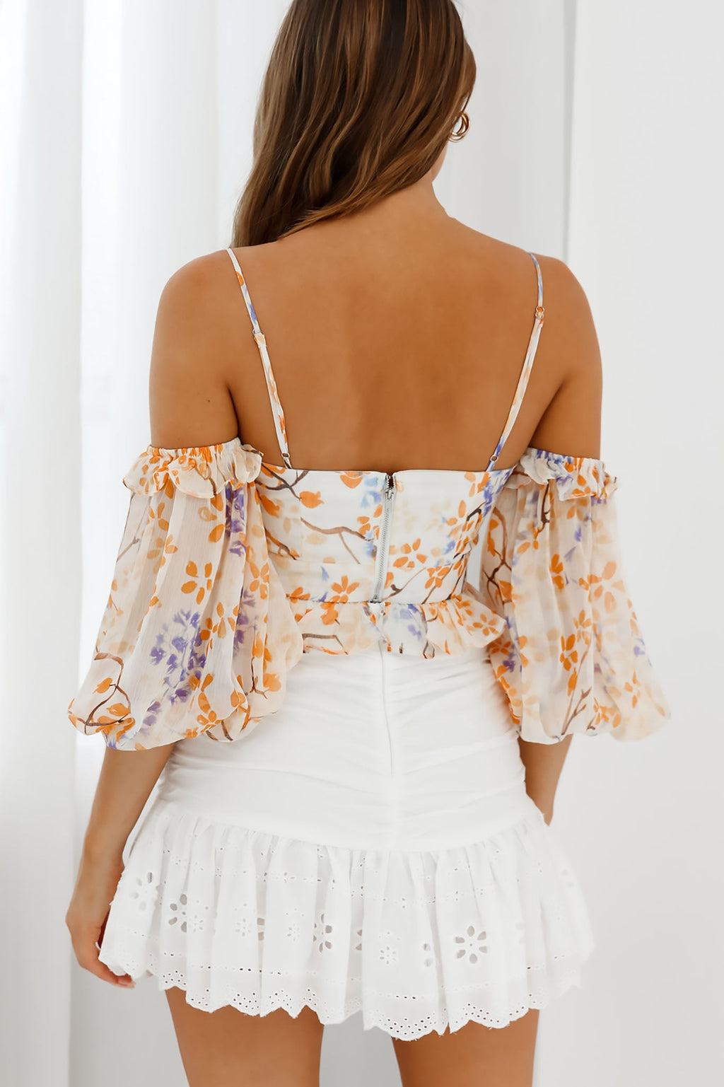 Fiorella Sweetheart Neckline Balloon Sleeve Crop Top Floral Print Orange by Selfie Leslie