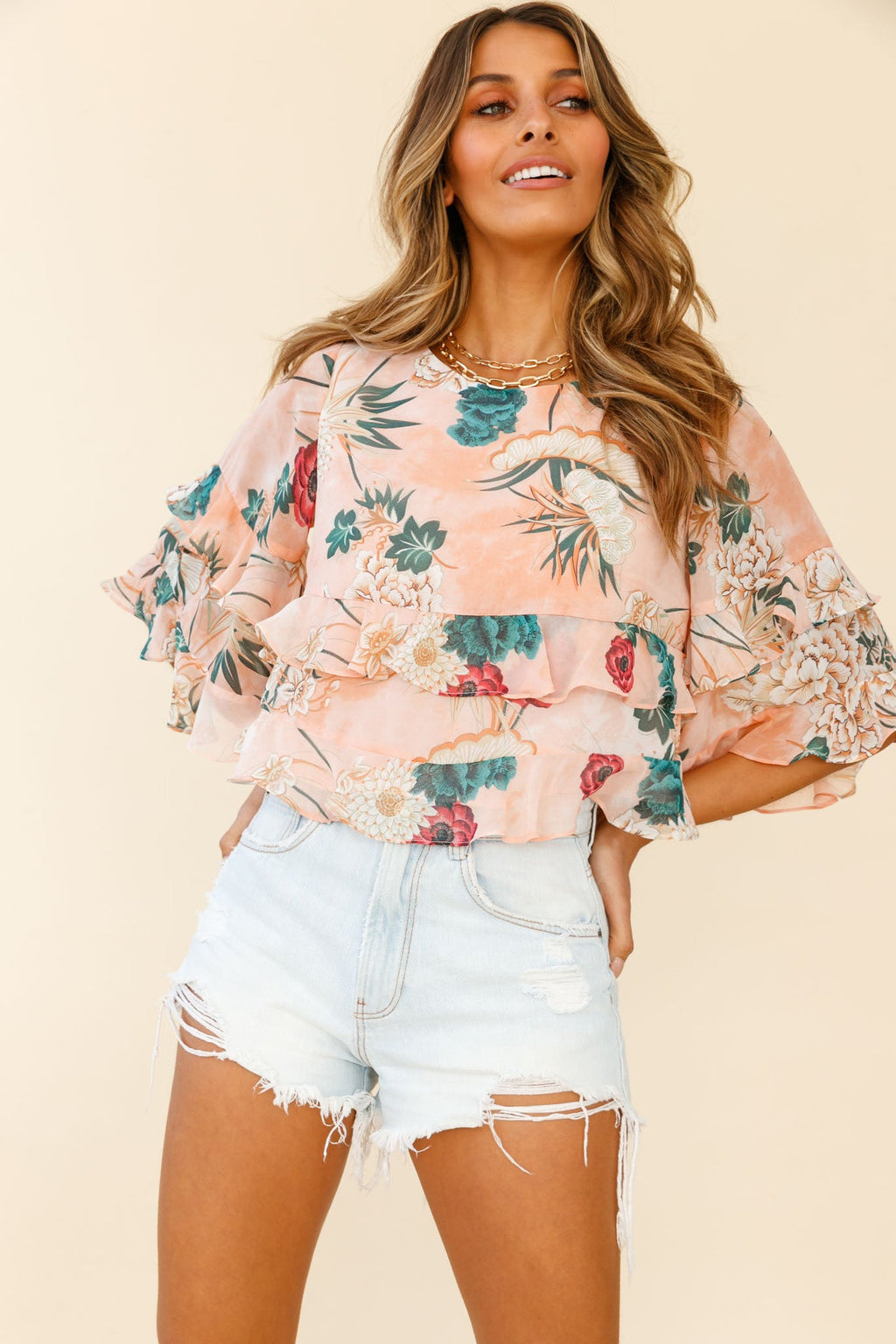 Pure Bliss Flounce Sleeve Frill Crop Top Floral Print Nude by Selfie Leslie