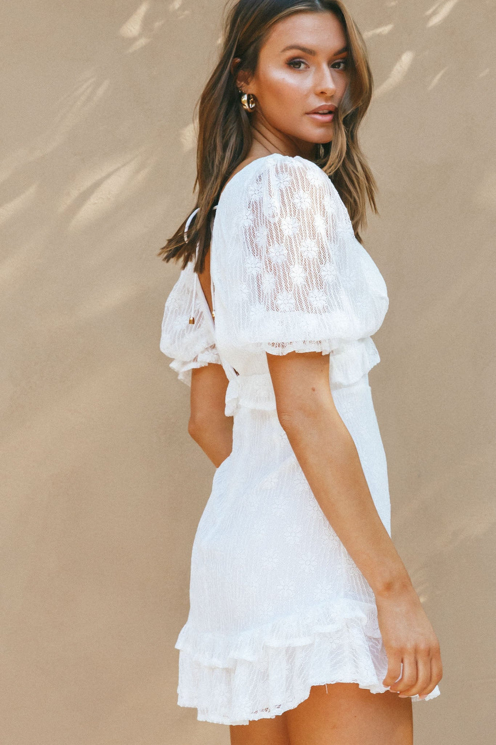 Katherine Puff Sleeve Floral Lace Frill Dress White by Selfie Leslie