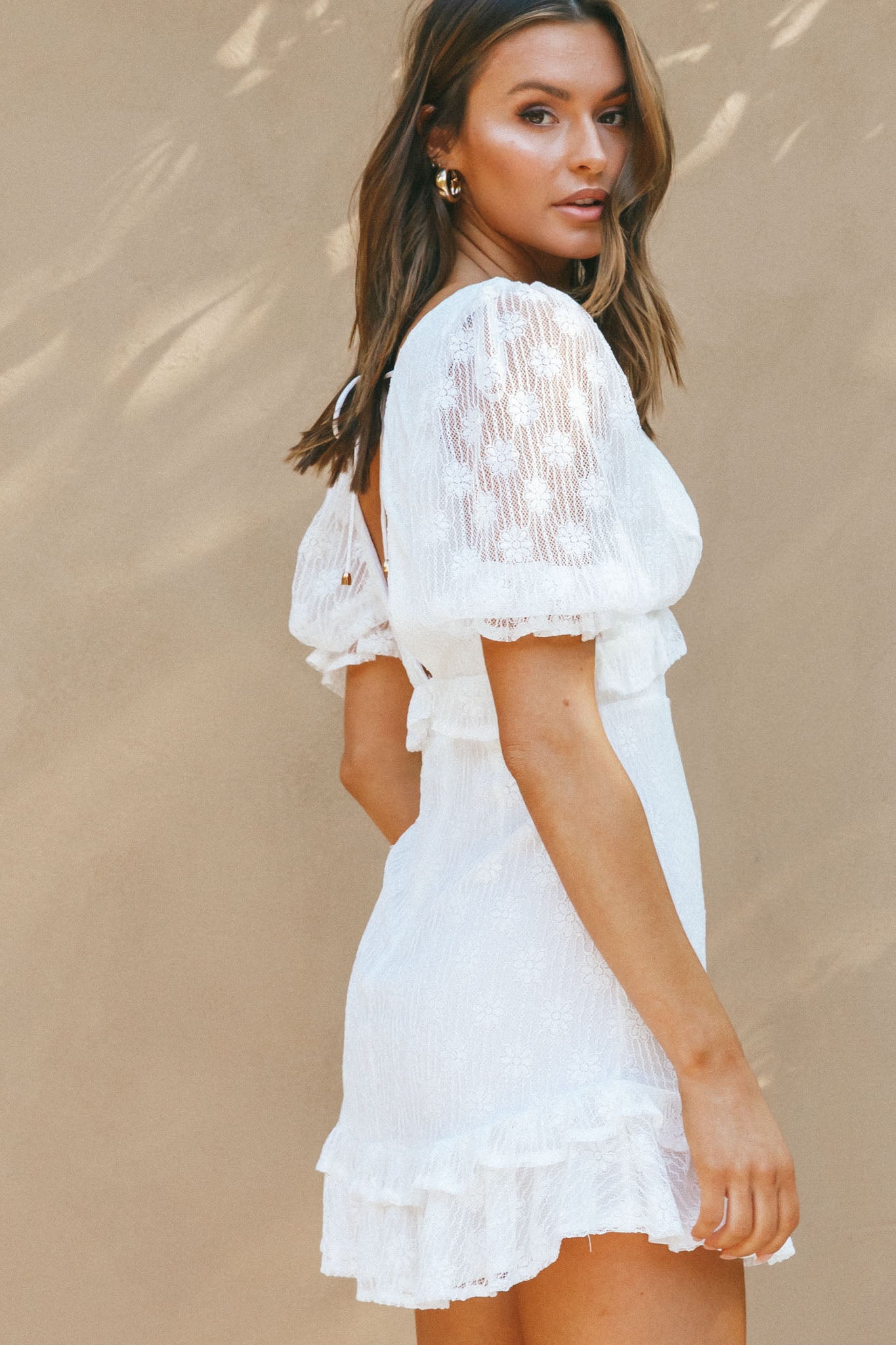 Katherine Puff Sleeve Floral Lace Frill Dress White by Selfie Leslie