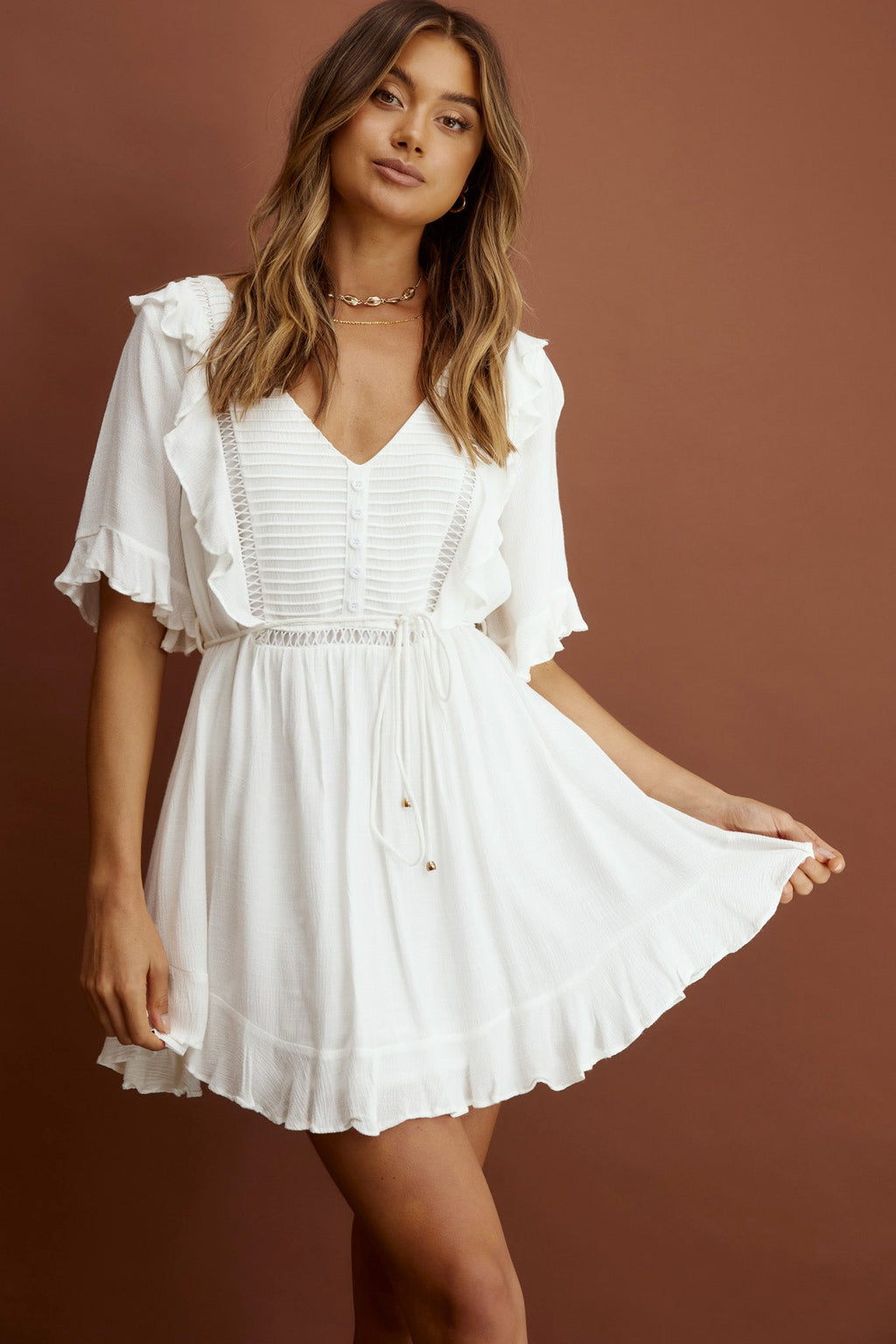 Promenade Faux Placket Pintuck Dress White by Selfie Leslie