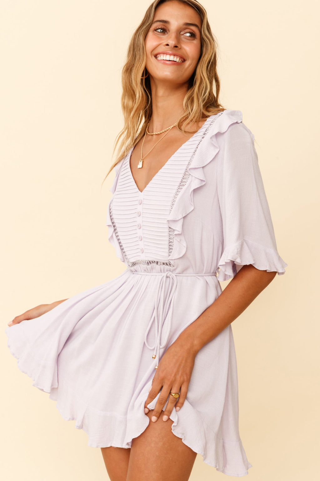 Promenade Faux Placket Pintuck Dress Lilac by Selfie Leslie
