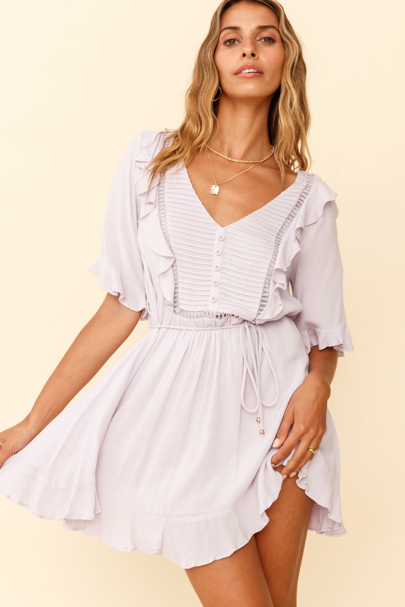 Promenade Faux Placket Pintuck Dress Lilac by Selfie Leslie