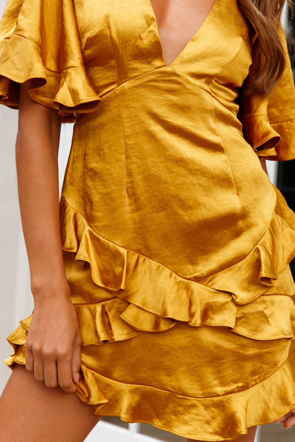 Miss Coco Angel Sleeve Ruffle Trim Dress Mustard by Selfie Leslie