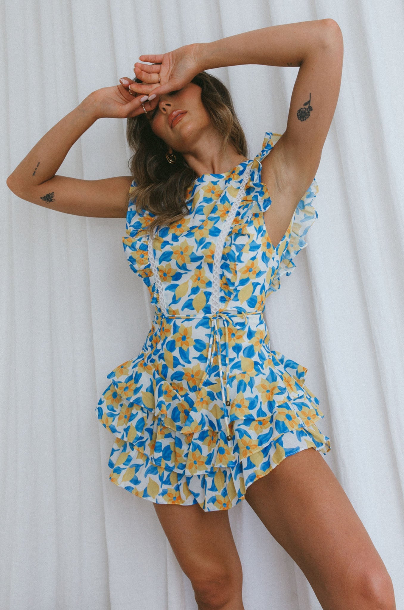 Weekend Muse Sleeveless Layered Frill Romper Floral White by Selfie Leslie