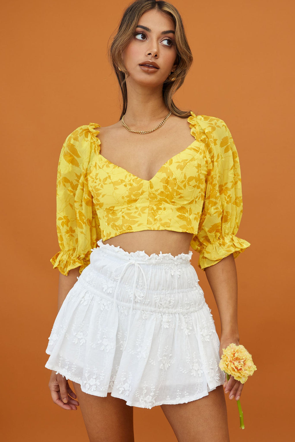 Rosetta Puff Sleeve Keyhole Back Crop Top Floral Print Yellow by Selfie Leslie