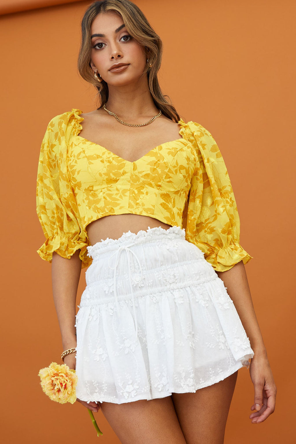 Rosetta Puff Sleeve Keyhole Back Crop Top Floral Print Yellow by Selfie Leslie