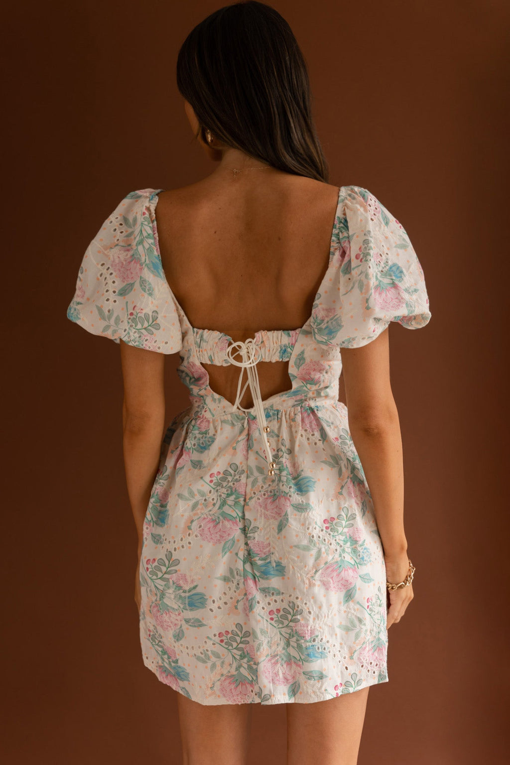 Lovers Lane Lace Trim Puff Sleeve Dress Floral Apricot by Selfie Leslie