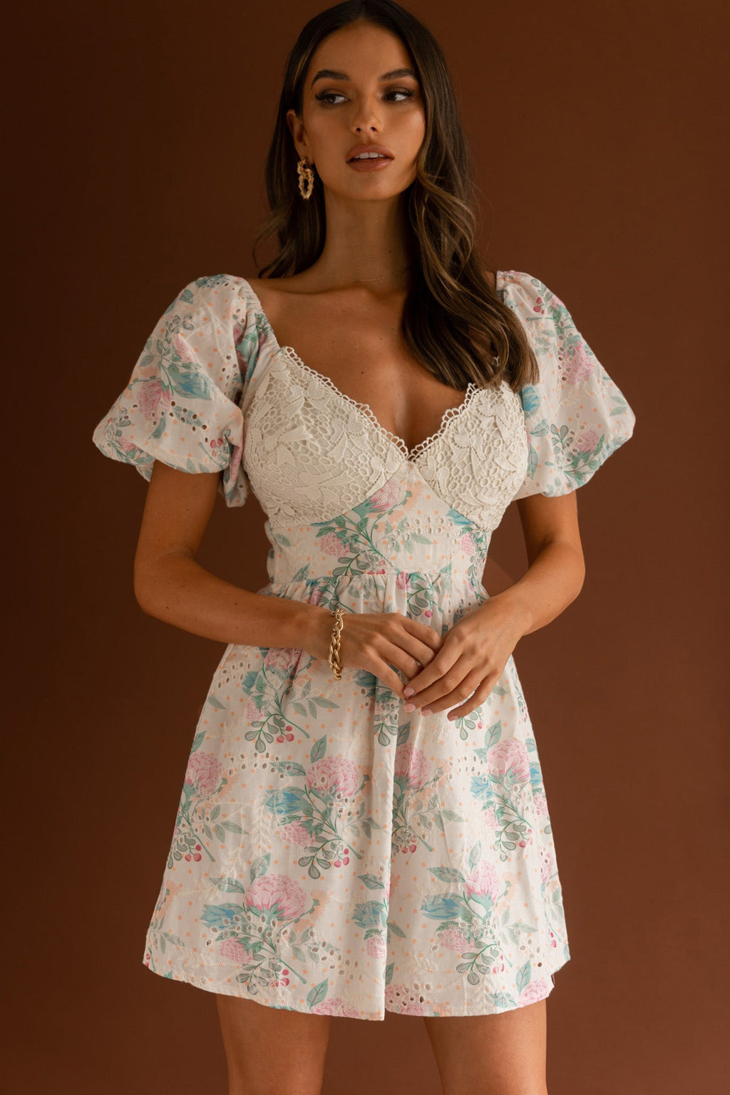 Lovers Lane Lace Trim Puff Sleeve Dress Floral Apricot by Selfie Leslie