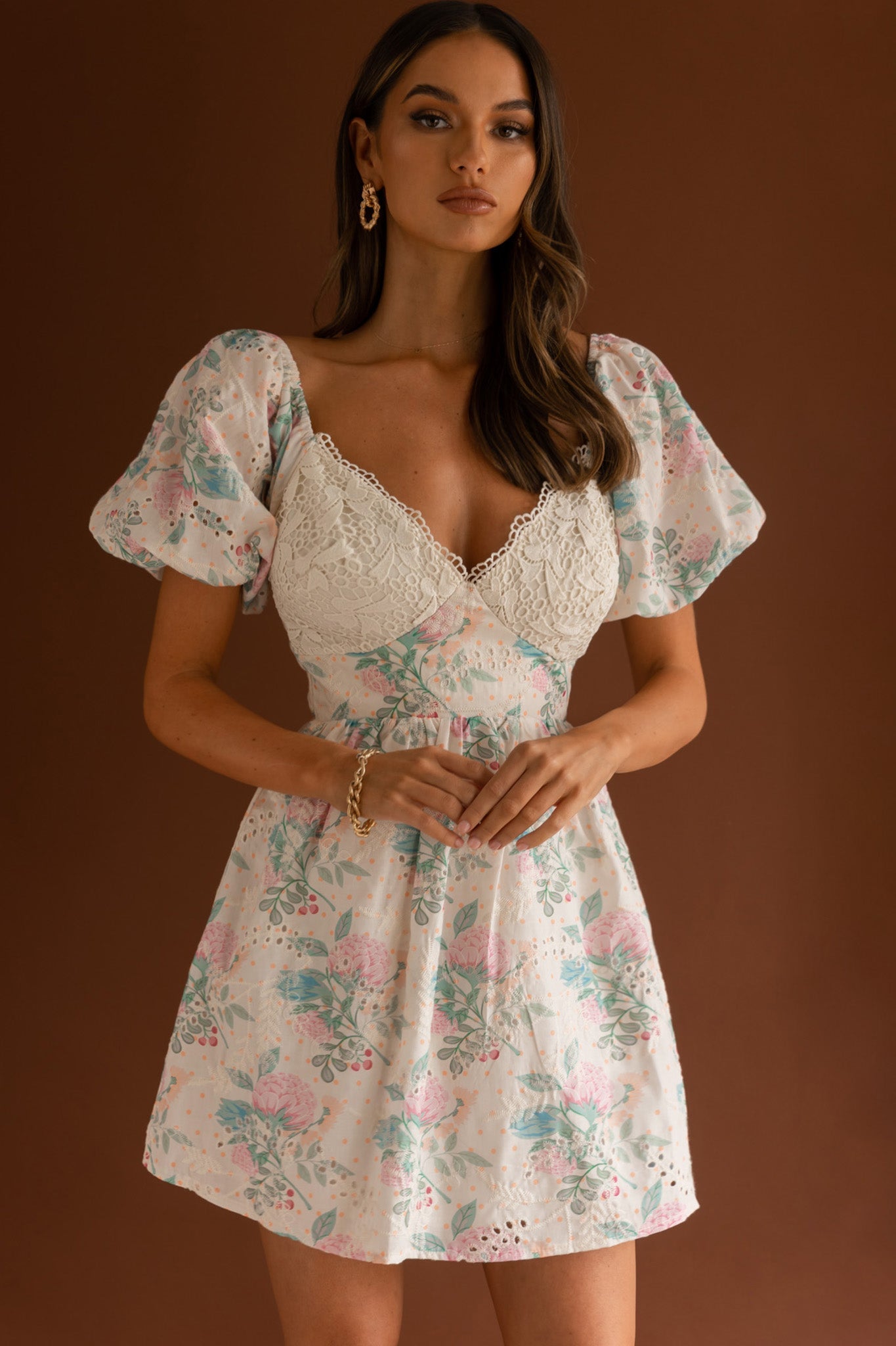 Lovers Lane Lace Trim Puff Sleeve Dress Floral Apricot by Selfie Leslie