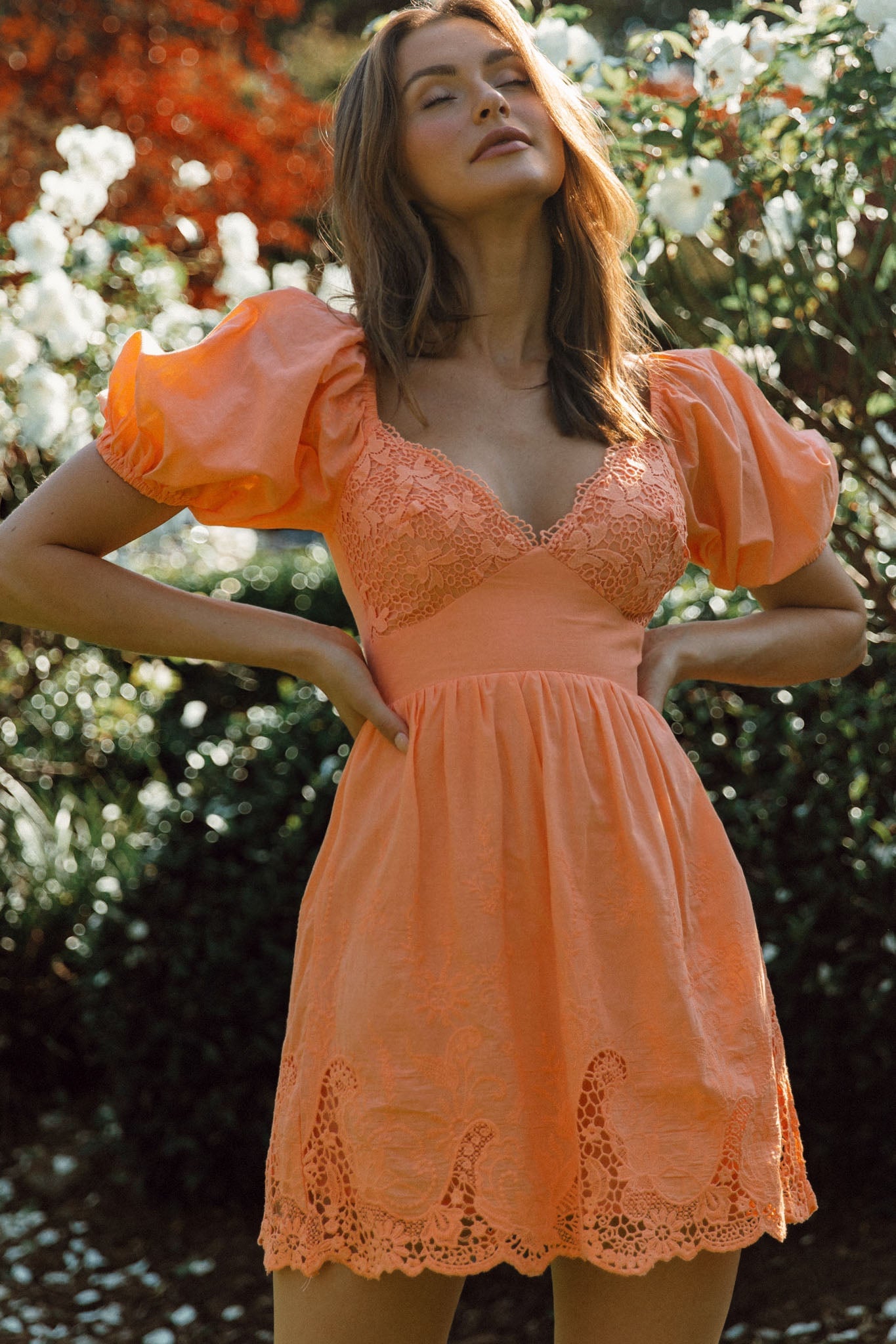 Lovers Lane Lace Trim Puff Sleeve Dress Neon Orange by Selfie Leslie
