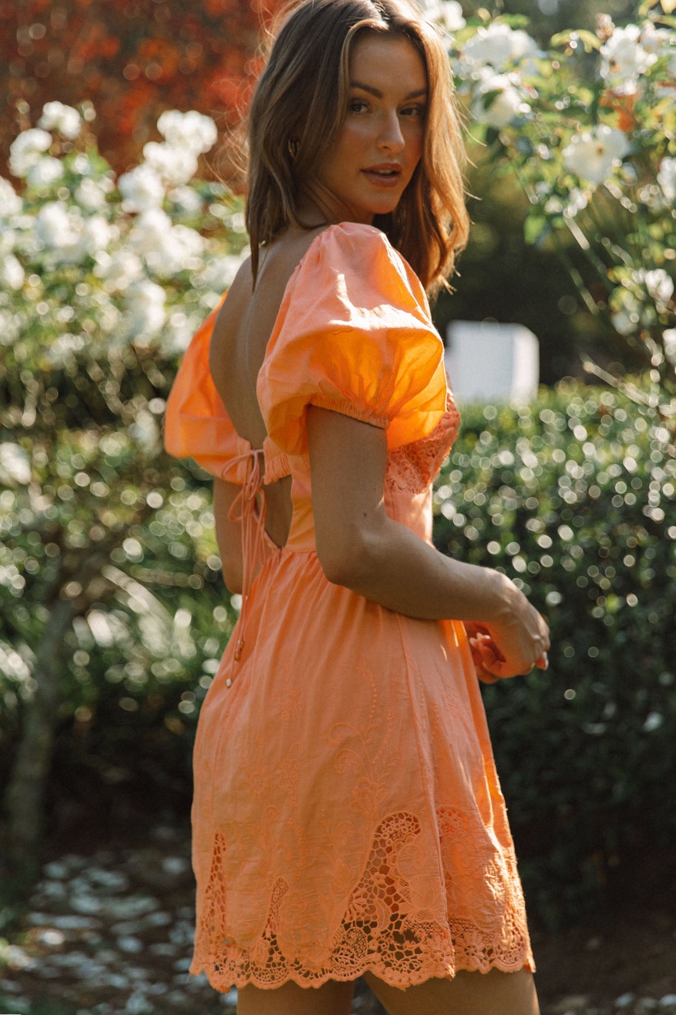 Lovers Lane Lace Trim Puff Sleeve Dress Neon Orange by Selfie Leslie