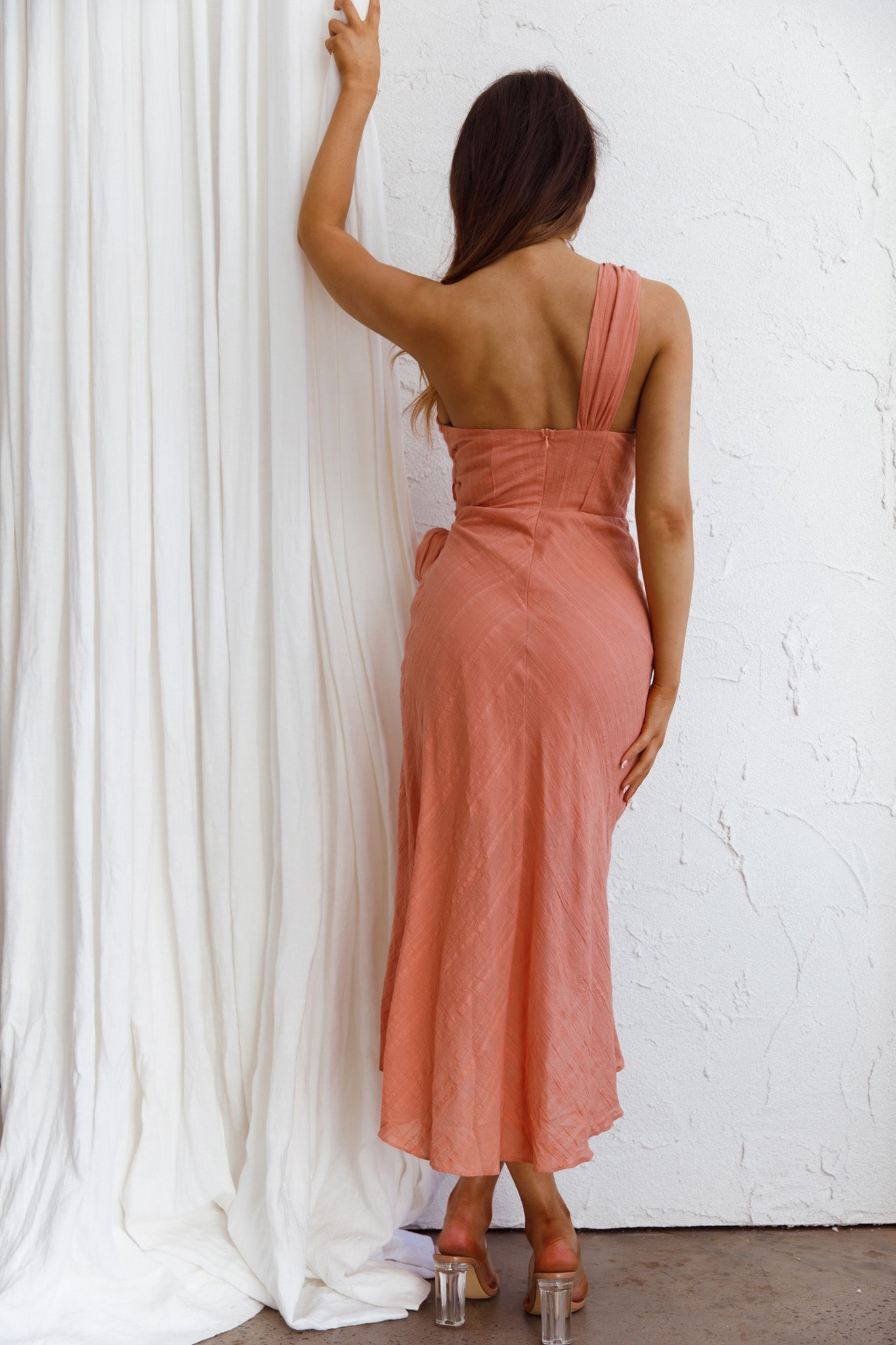 Island Time One-Shoulder Midi Dress Peach by Selfie Leslie