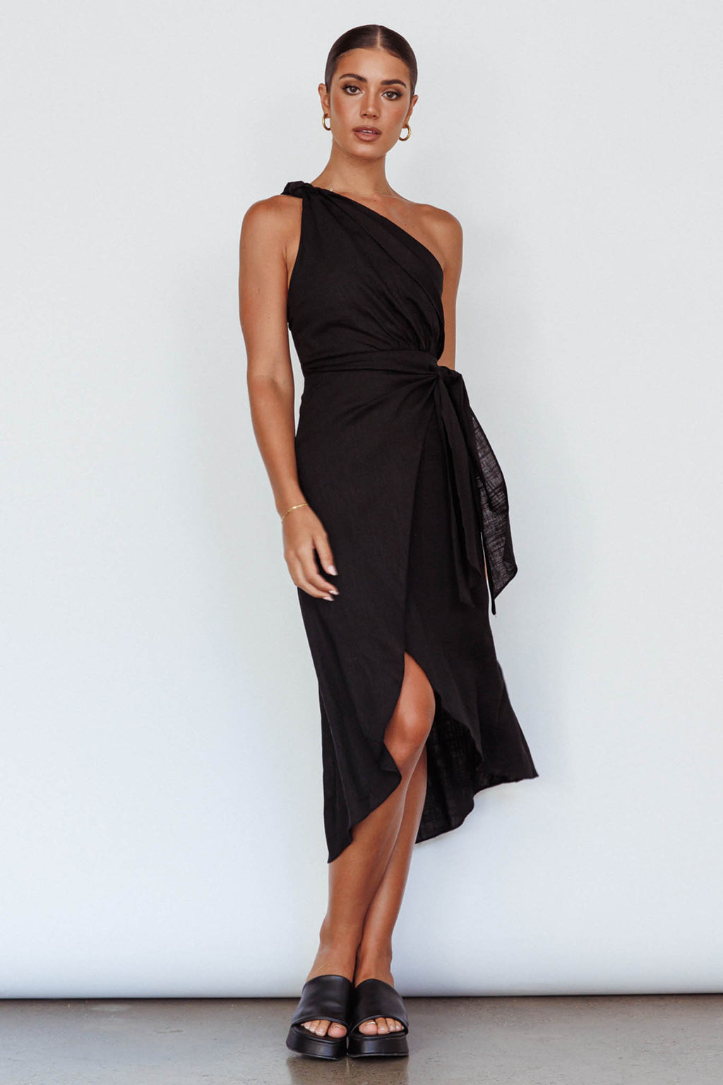 Island Time One-Shoulder Midi Dress Black by Selfie Leslie Australia