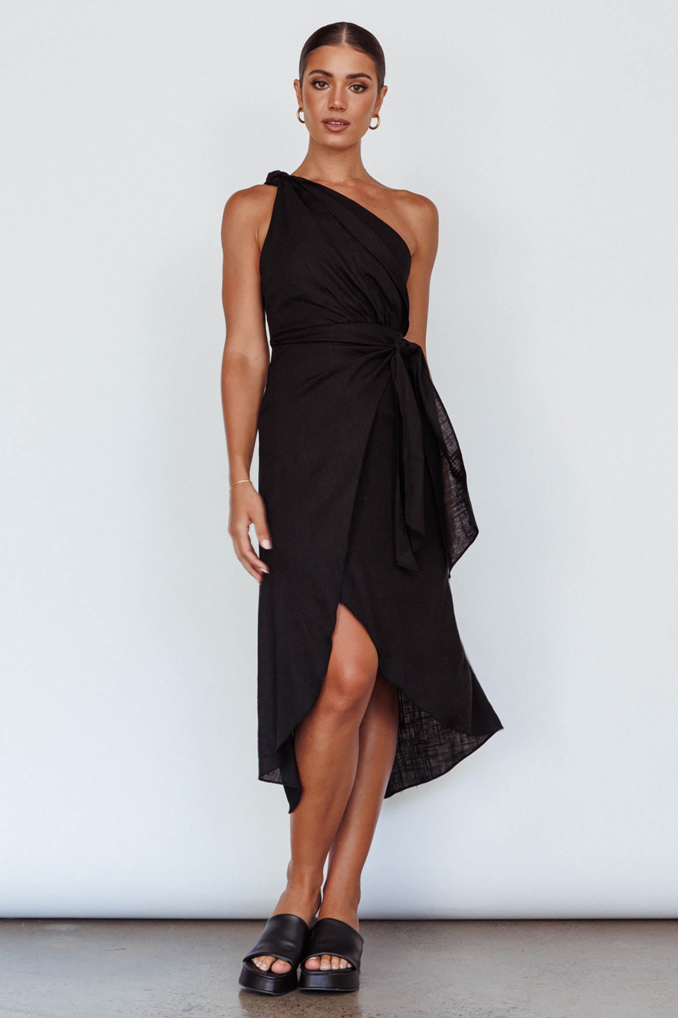 Island Time One-Shoulder Midi Dress Black by Selfie Leslie Australia