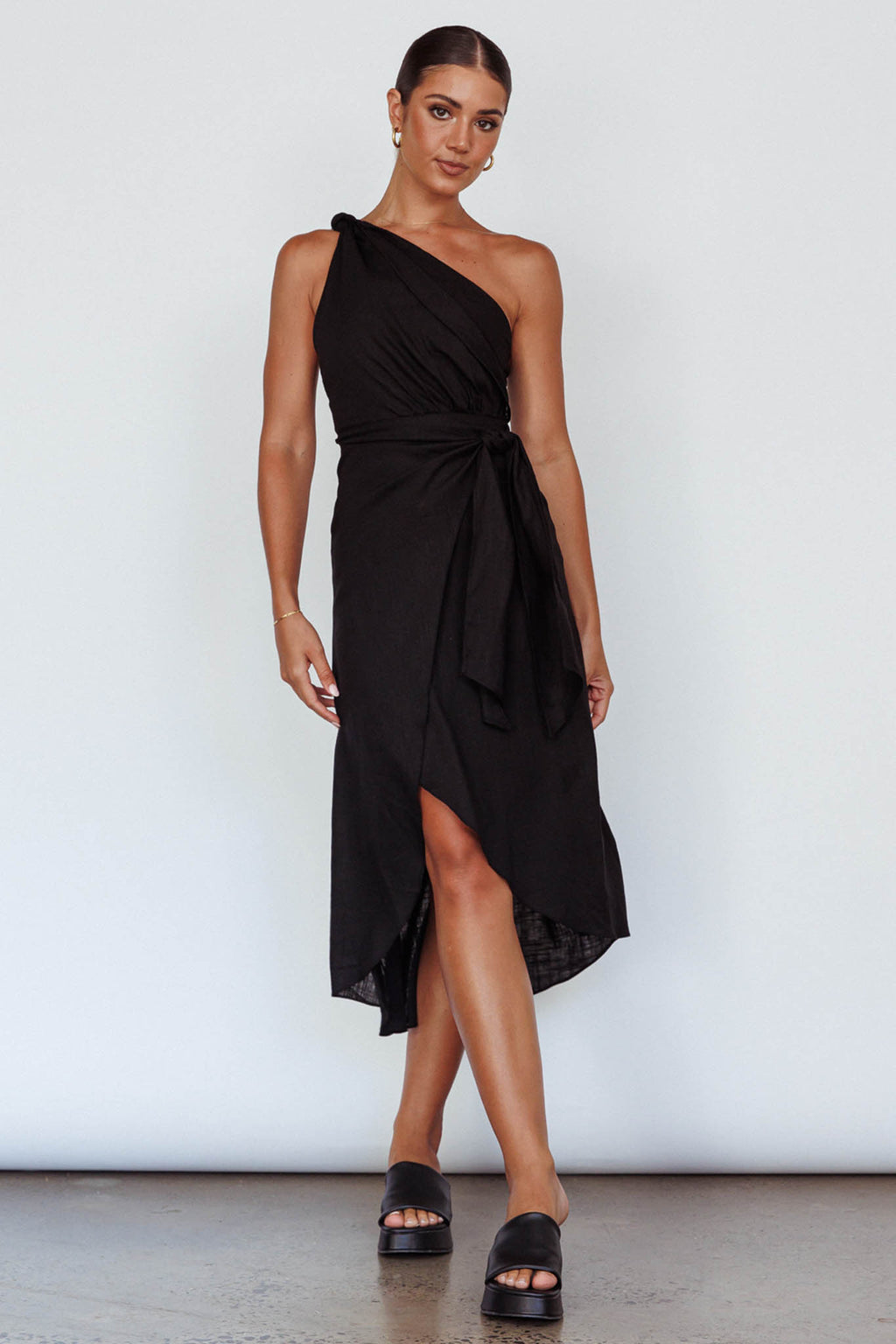 Island Time One-Shoulder Midi Dress Black by Selfie Leslie Australia