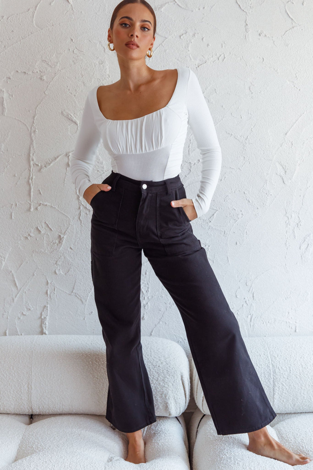Bobbi Long Sleeve Ruched Side Ribbed Bodysuit White by Selfie Leslie