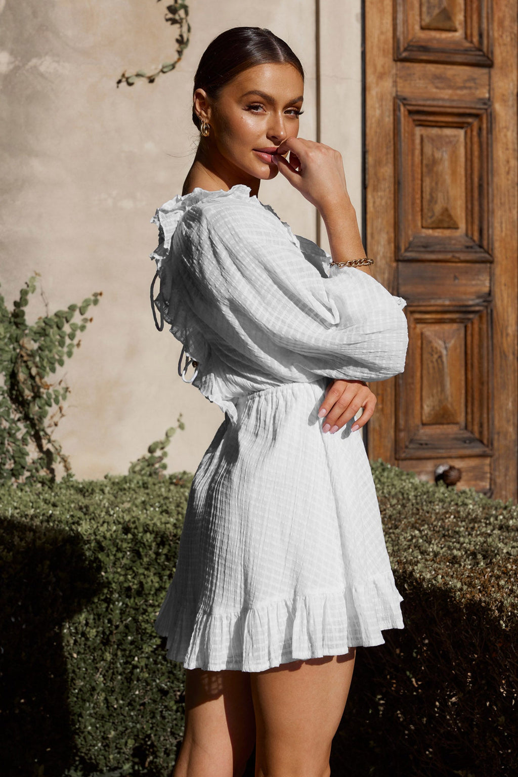 Hooked On A Feeling Long Sleeve String Tie Back Mini Dress White by Selfie Leslie