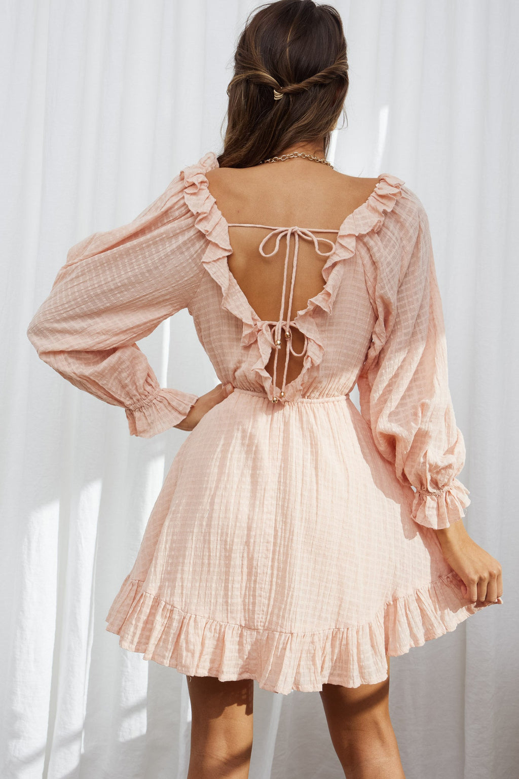 Hooked On A Feeling Long Sleeve String Tie Back Mini Dress Peach by Selfie Leslie