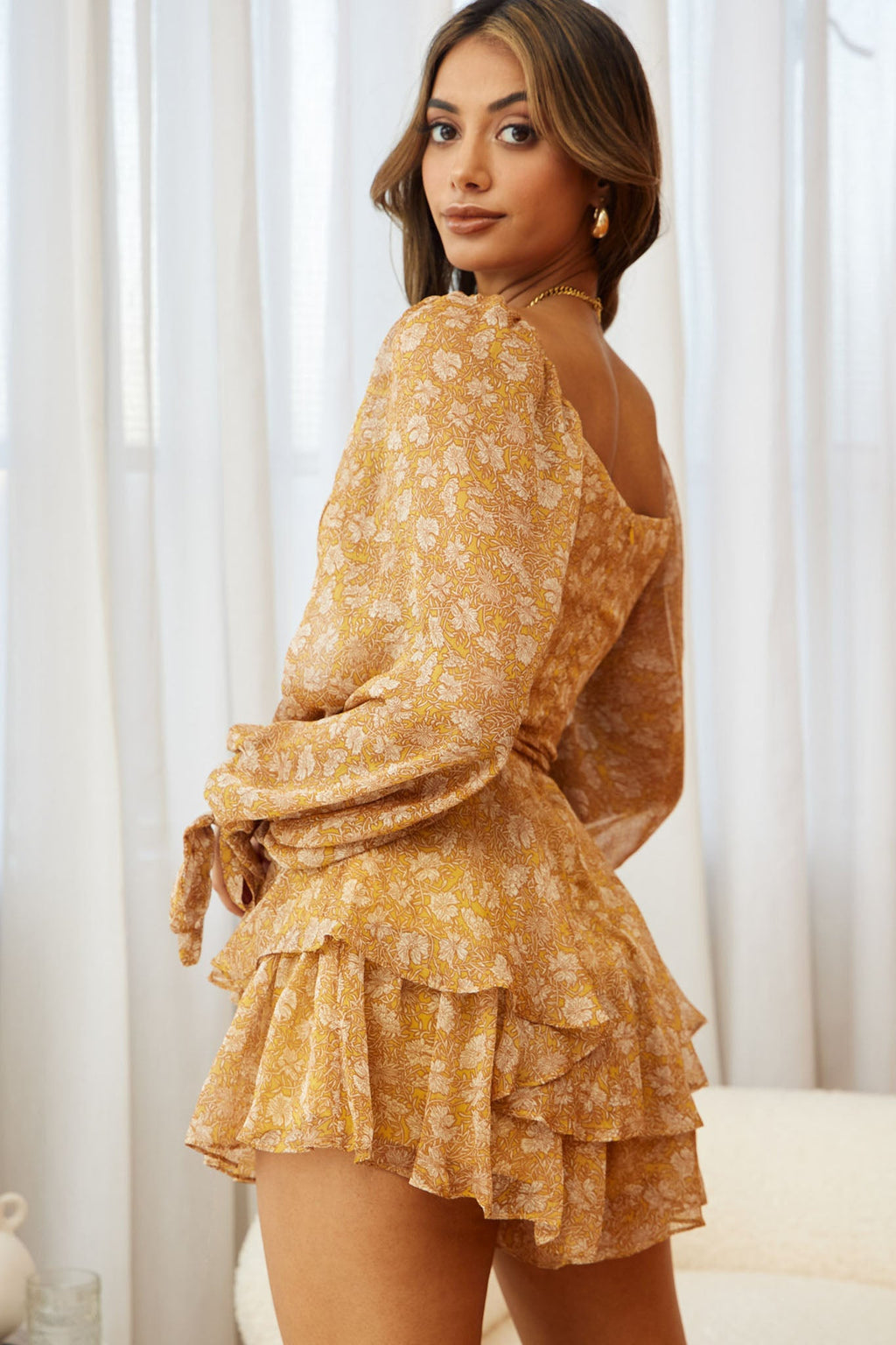 True Love Long Balloon Sleeve Layered Flounce Romper Floral Print Mustard by Selfie Leslie