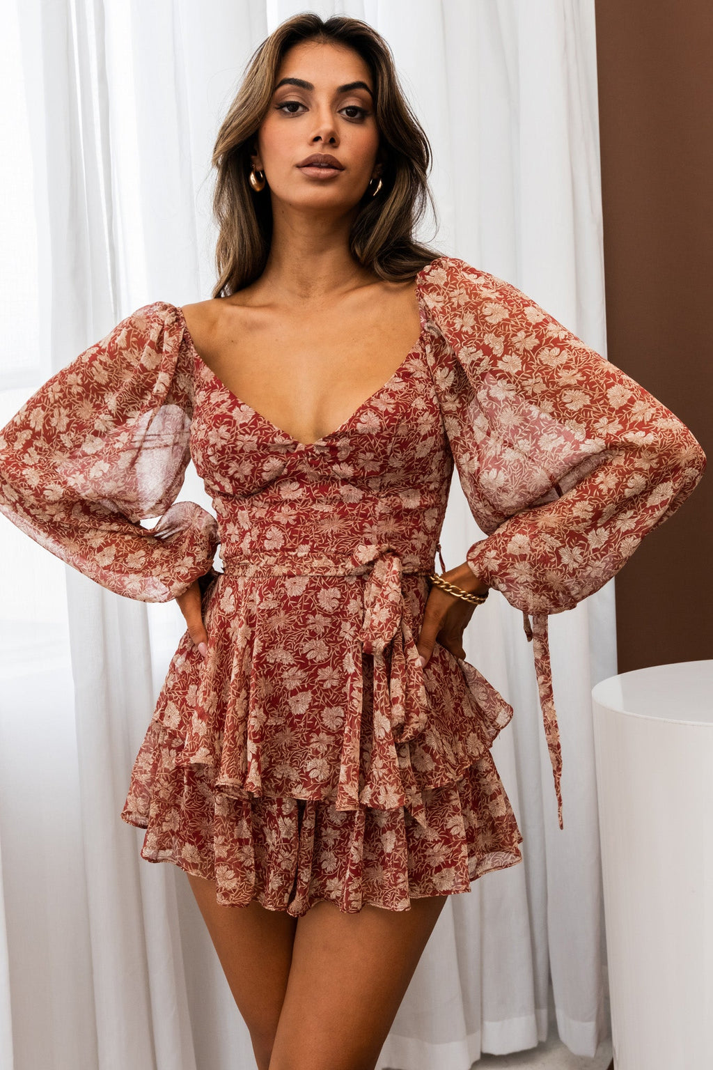 True Love Long Balloon Sleeve Layered Flounce Romper Floral Print Wine by Selfie Leslie