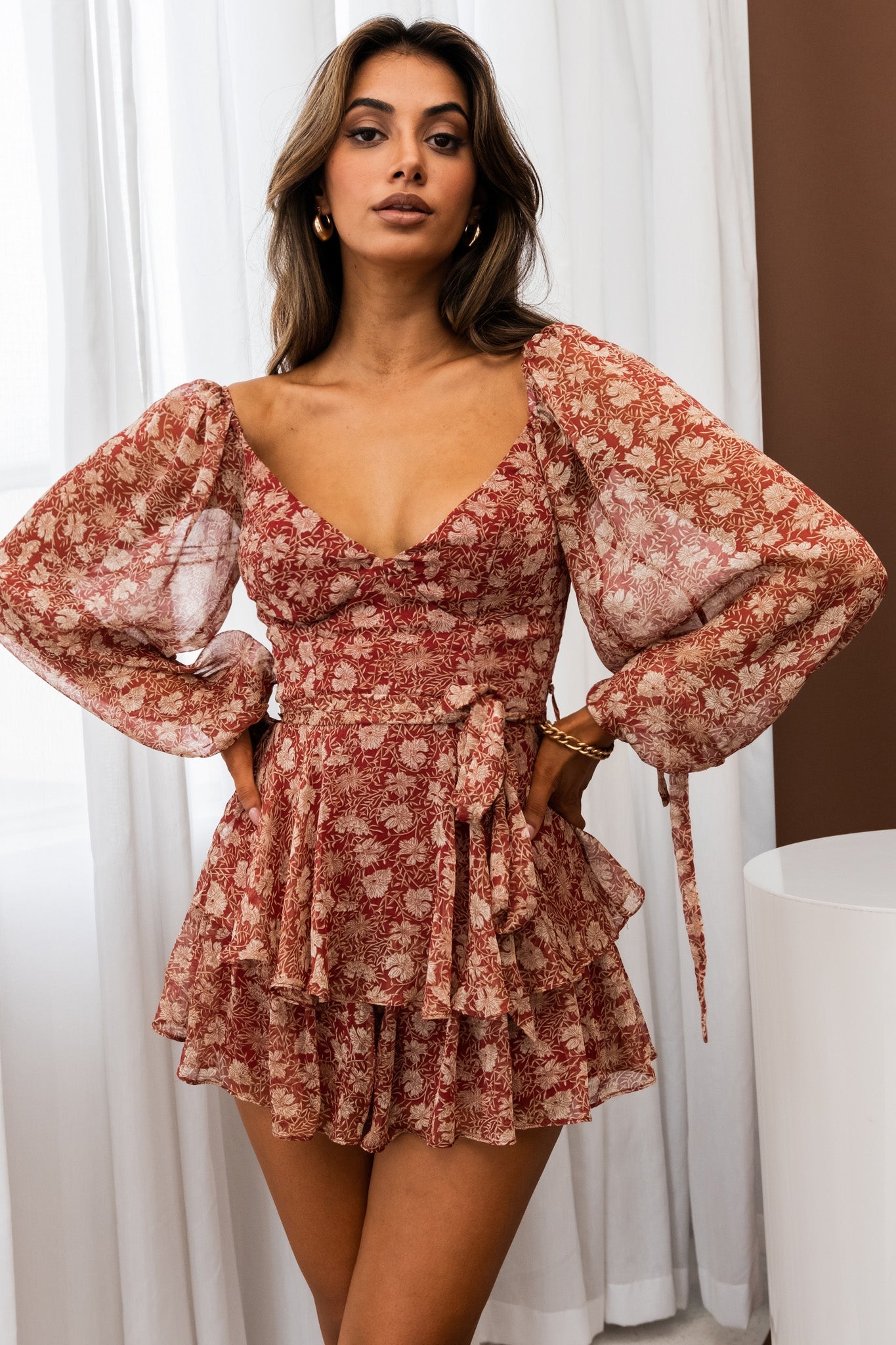 True Love Long Balloon Sleeve Layered Flounce Romper Floral Print Wine by Selfie Leslie