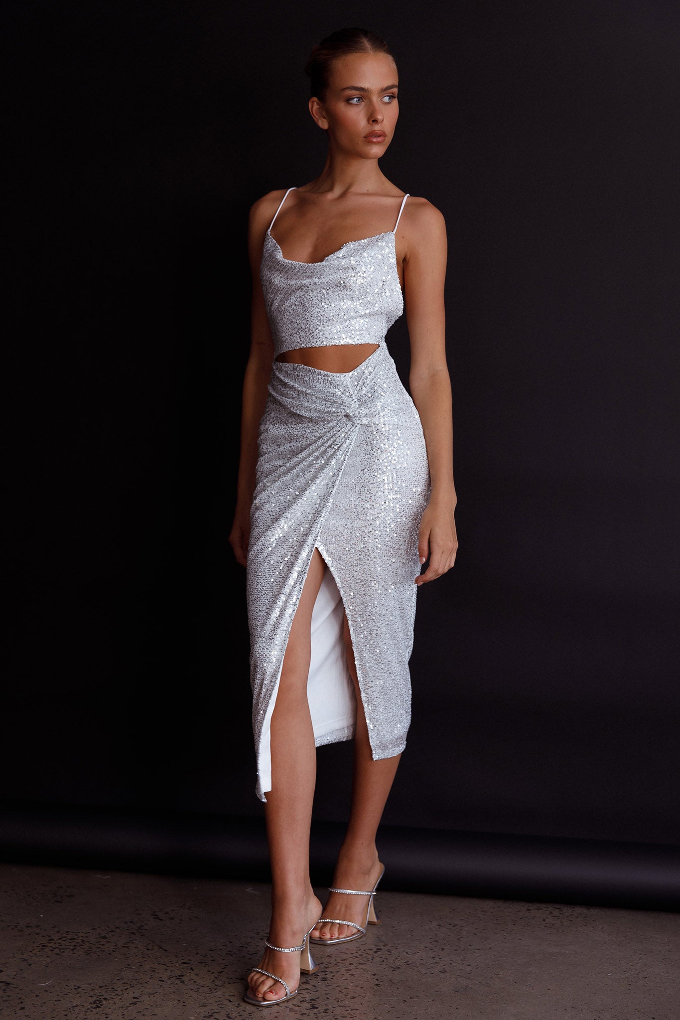 Miami Nights Cowl Neckline Twist Feature Midi Dress Sequin Silver by Selfie Leslie