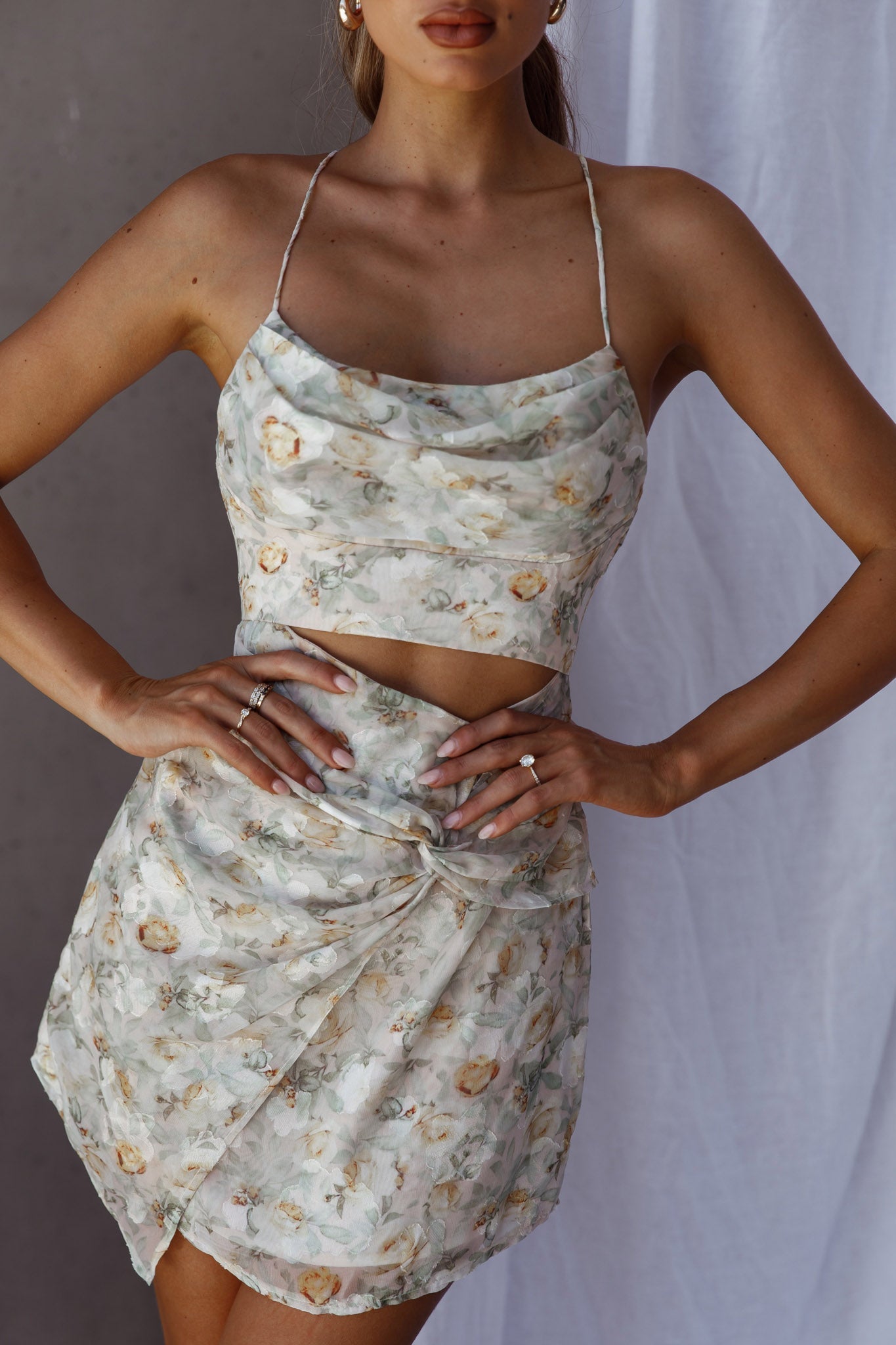 Miami Nights Cowl Neckline Twist Feature Mini Dress Floral Green by Selfie Leslie