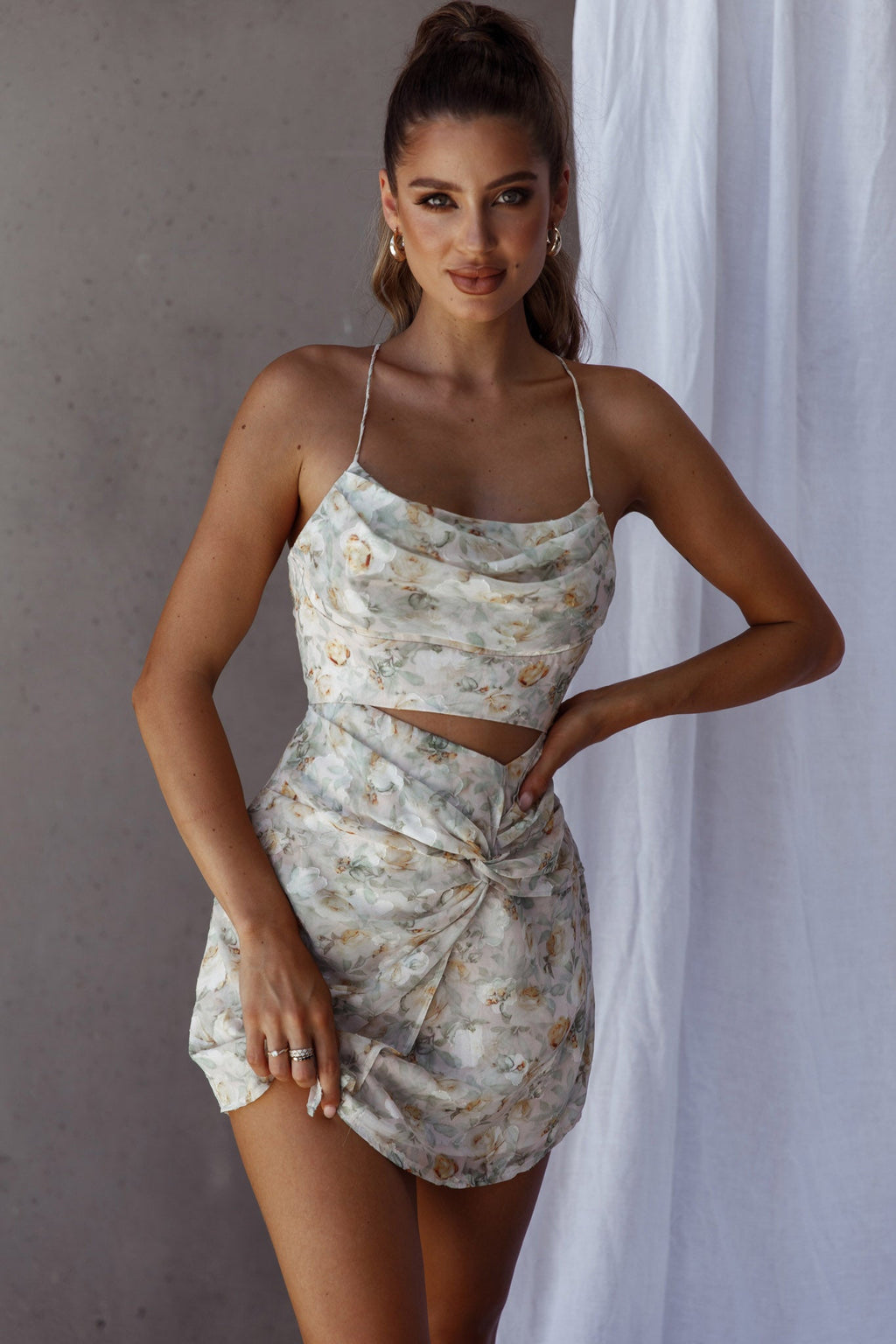 Miami Nights Cowl Neckline Twist Feature Mini Dress Floral Green by Selfie Leslie