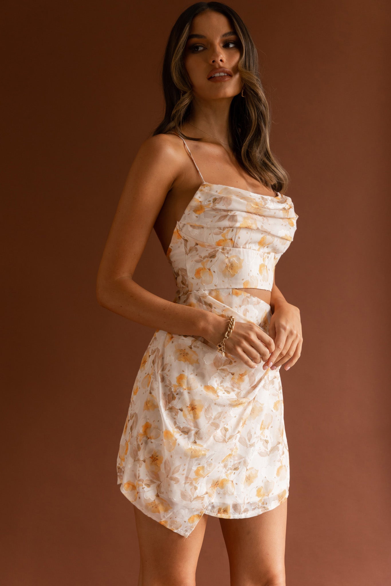 Miami Nights Cowl Neckline Twist Feature Mini Dress Floral Orange by Selfie Leslie