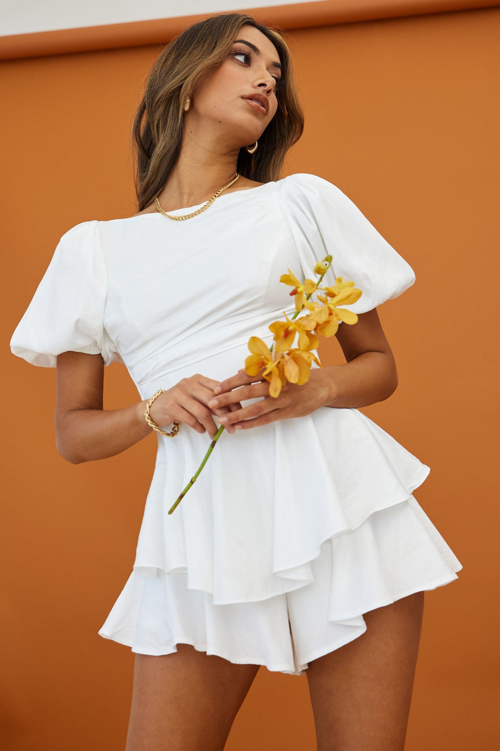 Rhode Puff Sleeve Strappy Back Romper White by Selfie Leslie
