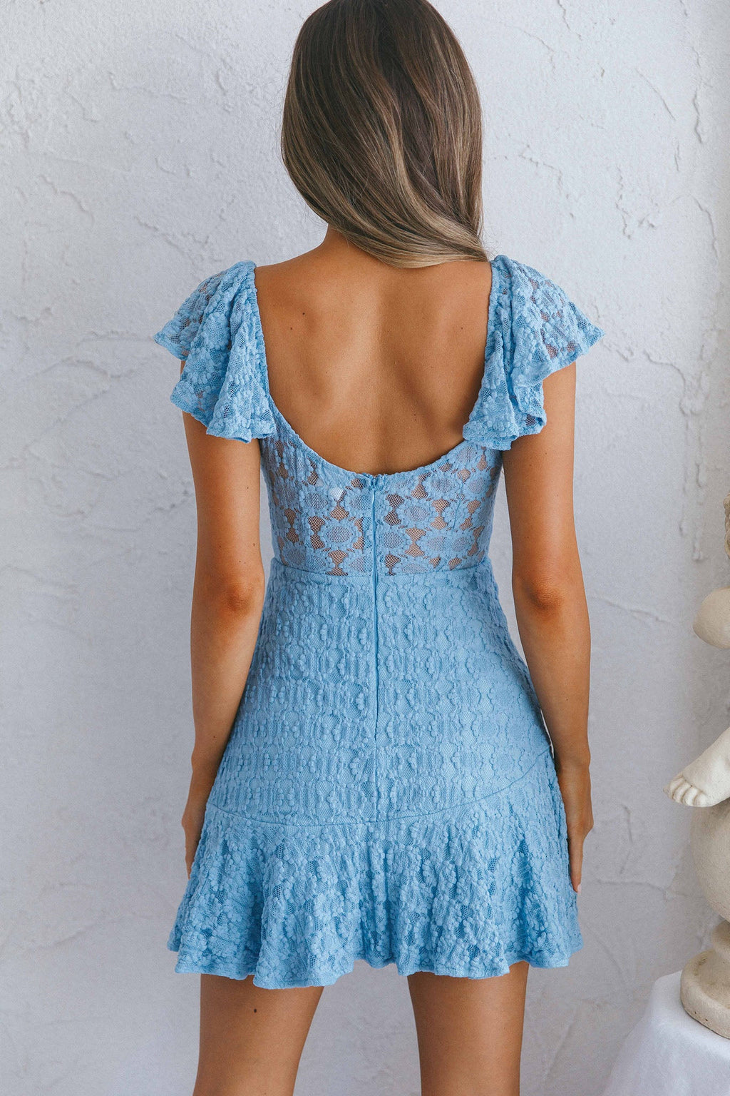 Secret Crush Flutter Sleeve Floral Lace Ruffle Hem Dress Blue by Selfie Leslie
