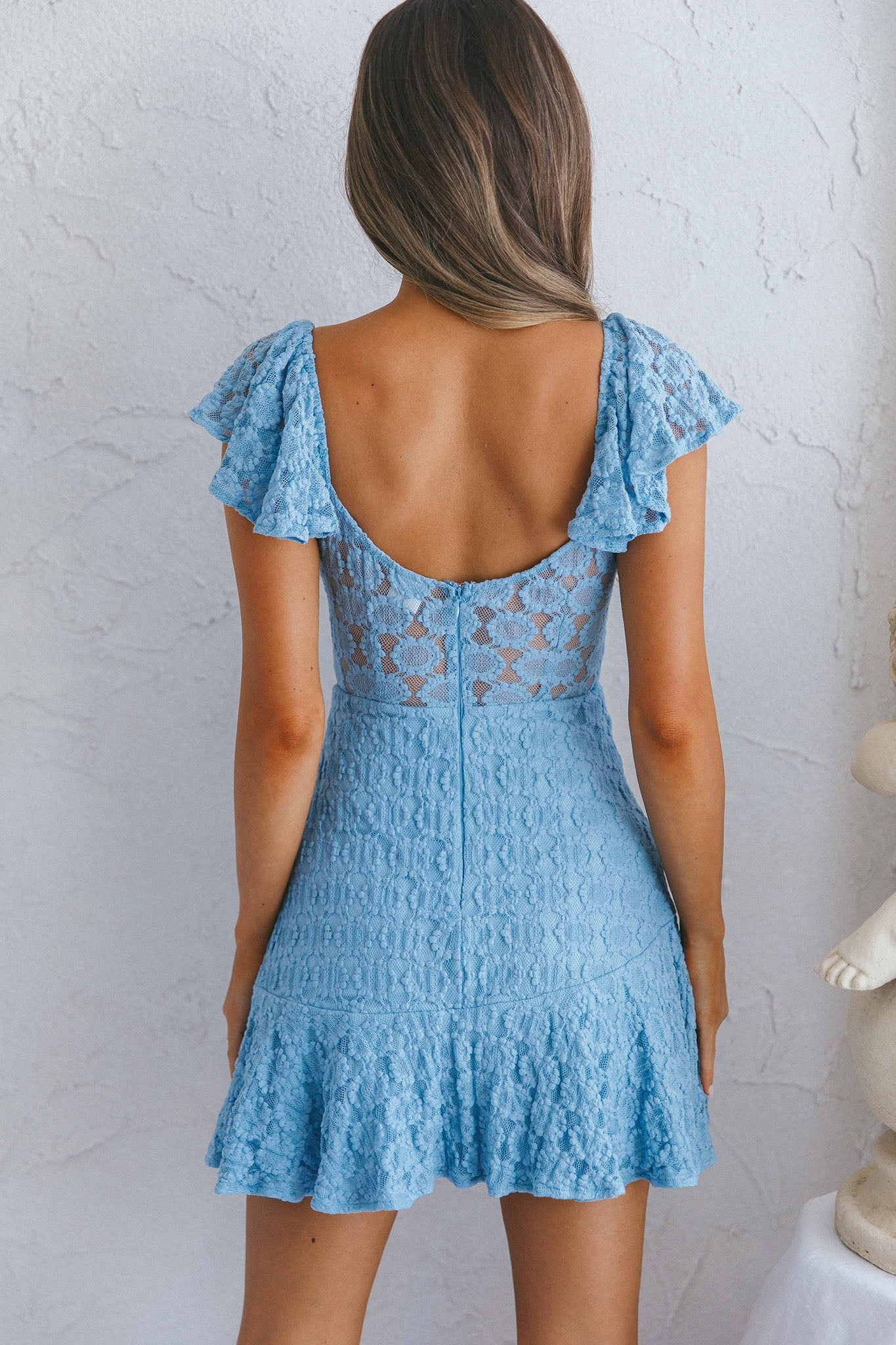 Secret Crush Flutter Sleeve Floral Lace Ruffle Hem Dress Blue by Selfie Leslie