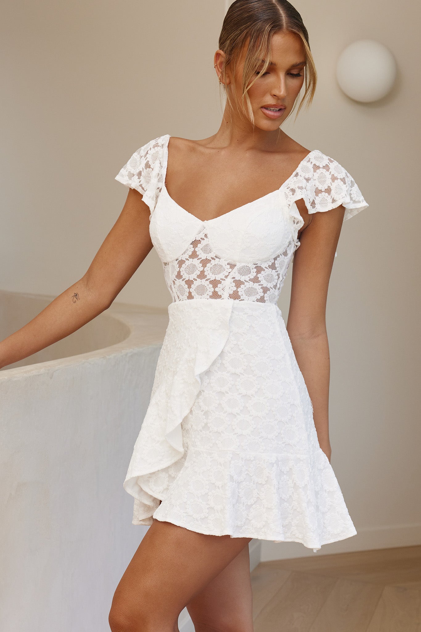 Secret Crush Flutter Sleeve Floral Lace Ruffle Hem Dress White by Selfie Leslie