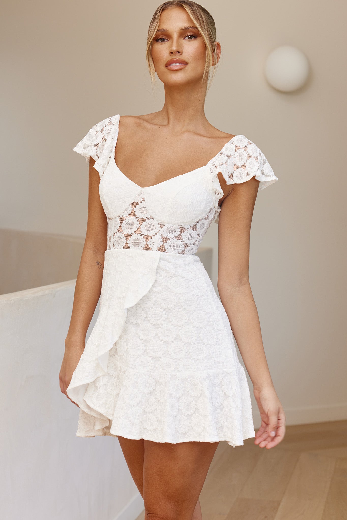 Secret Crush Flutter Sleeve Floral Lace Ruffle Hem Dress White by Selfie Leslie