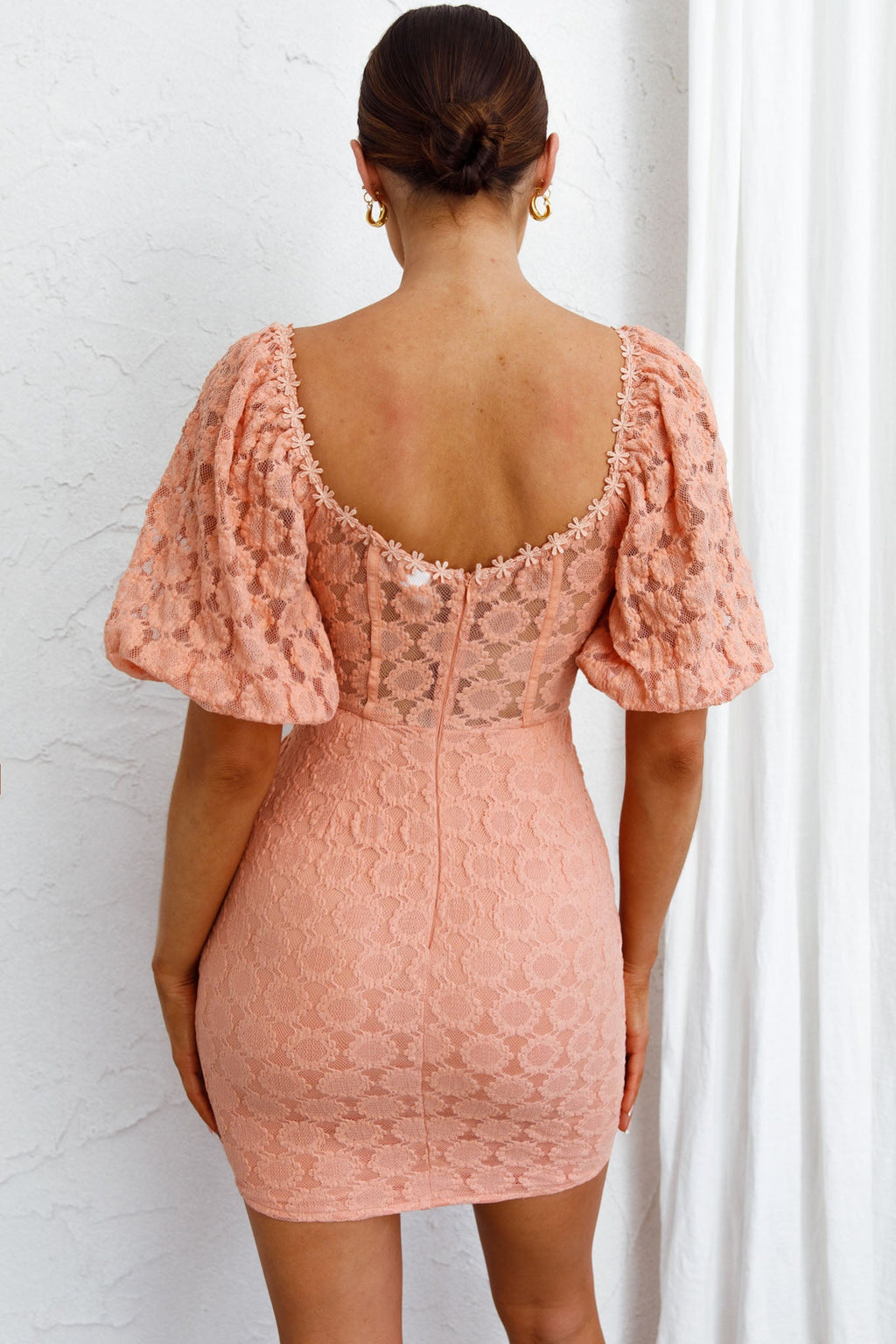Secret Crush Puff Sleeve Floral Lace Bodycon Dress Peach by Selfie Leslie