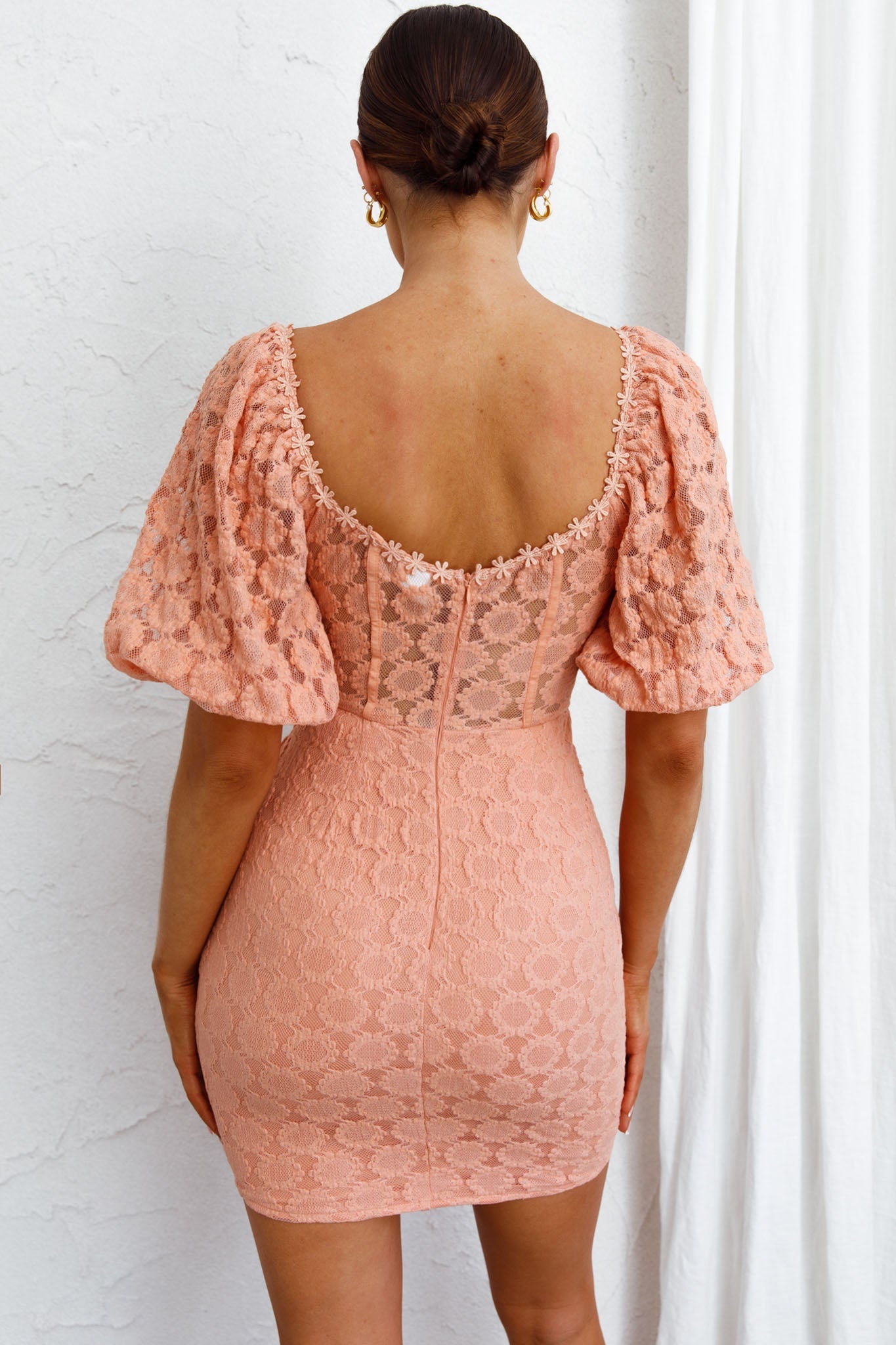 Secret Crush Puff Sleeve Floral Lace Bodycon Dress Peach by Selfie Leslie